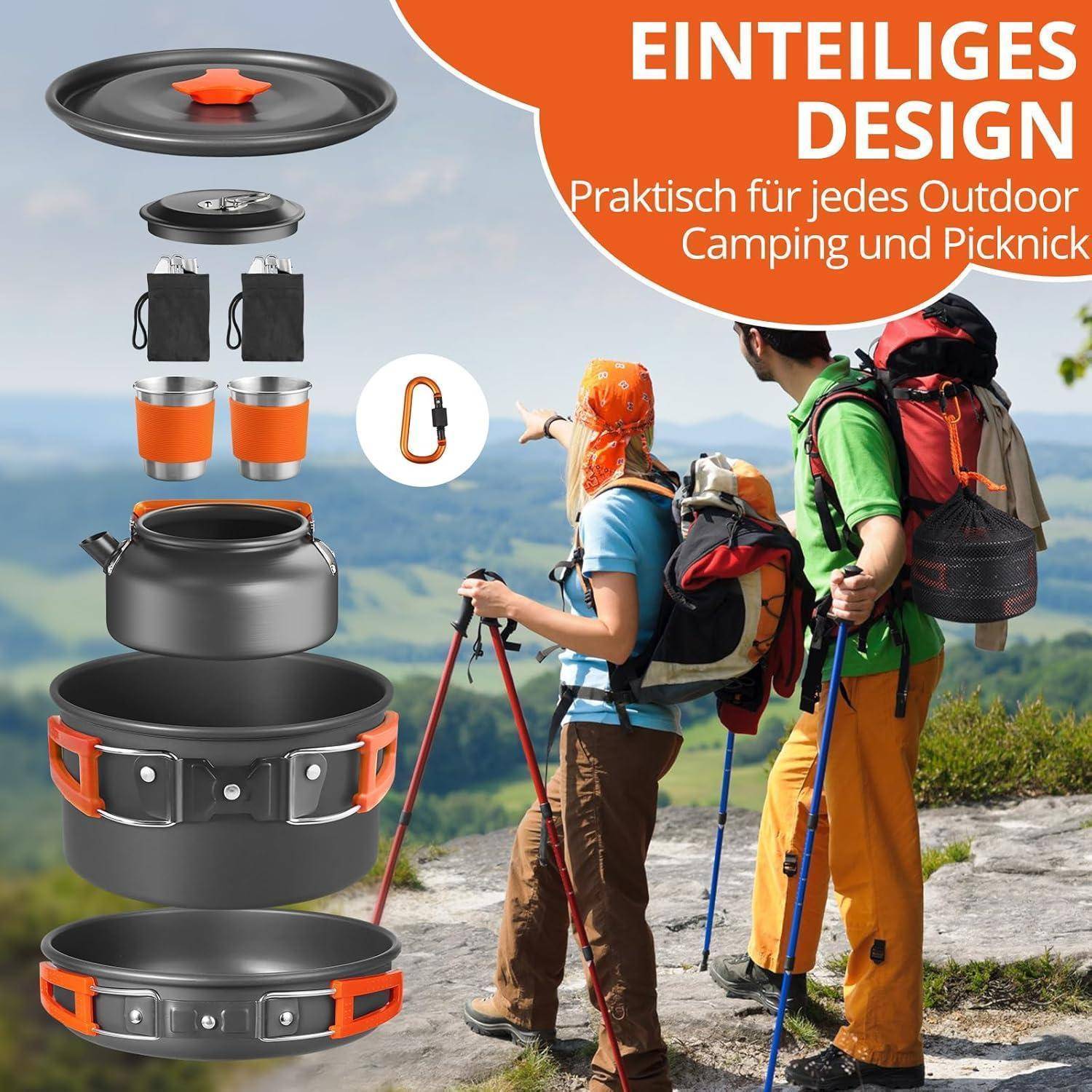 Menschen wandern mit Rucksäcken in einem bergigen Gebiet. Mehrere Campingkochutensilien sind ausgestellt. Text: 'Einteiliges Design, Praktisch für jedes Outdoor Camping und Picknick'.