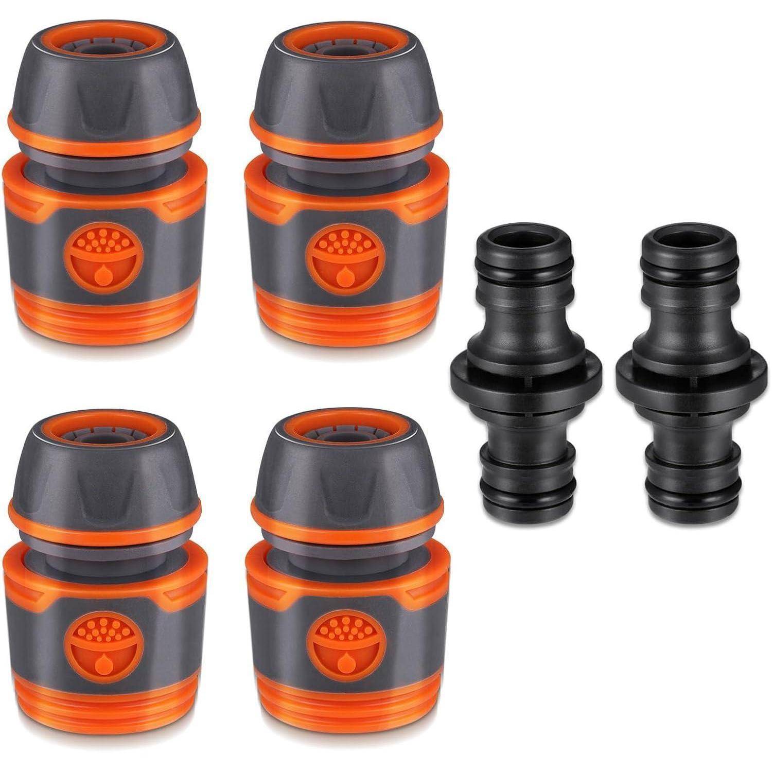 Ein Satz orange und schwarzer Schlauchanschlüsse, bestehend aus vier Standardanschlüssen und zwei Doppelanschlüssen, auf einem weißen Hintergrund.