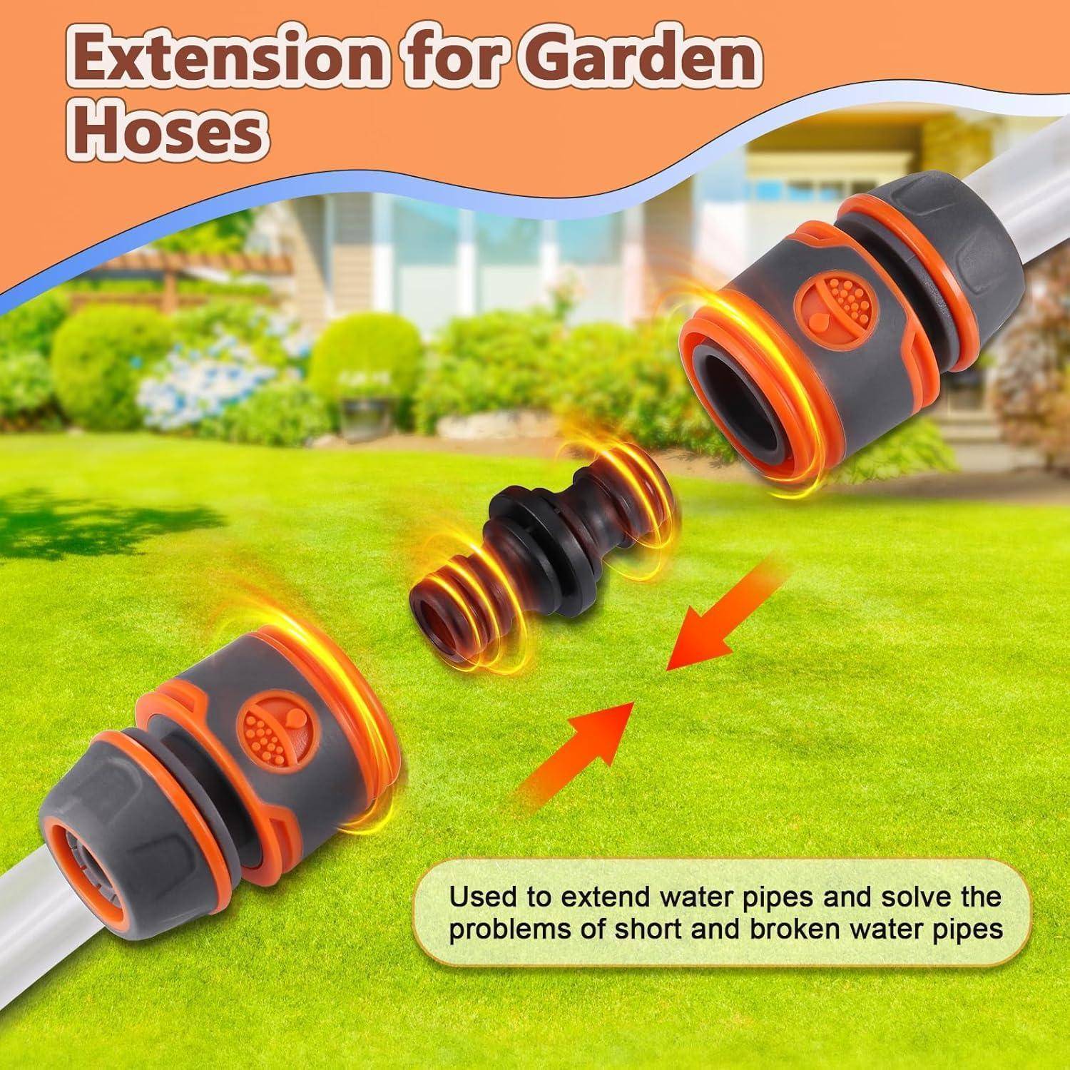 Verlängerung für Gartenschläuche, Produktabbildung mit einem Verbinder zum Anschluss von zwei Schlauchendenanschlüssen. Pfeile zeigen, wie die Verlängerung zusammengesetzt wird.