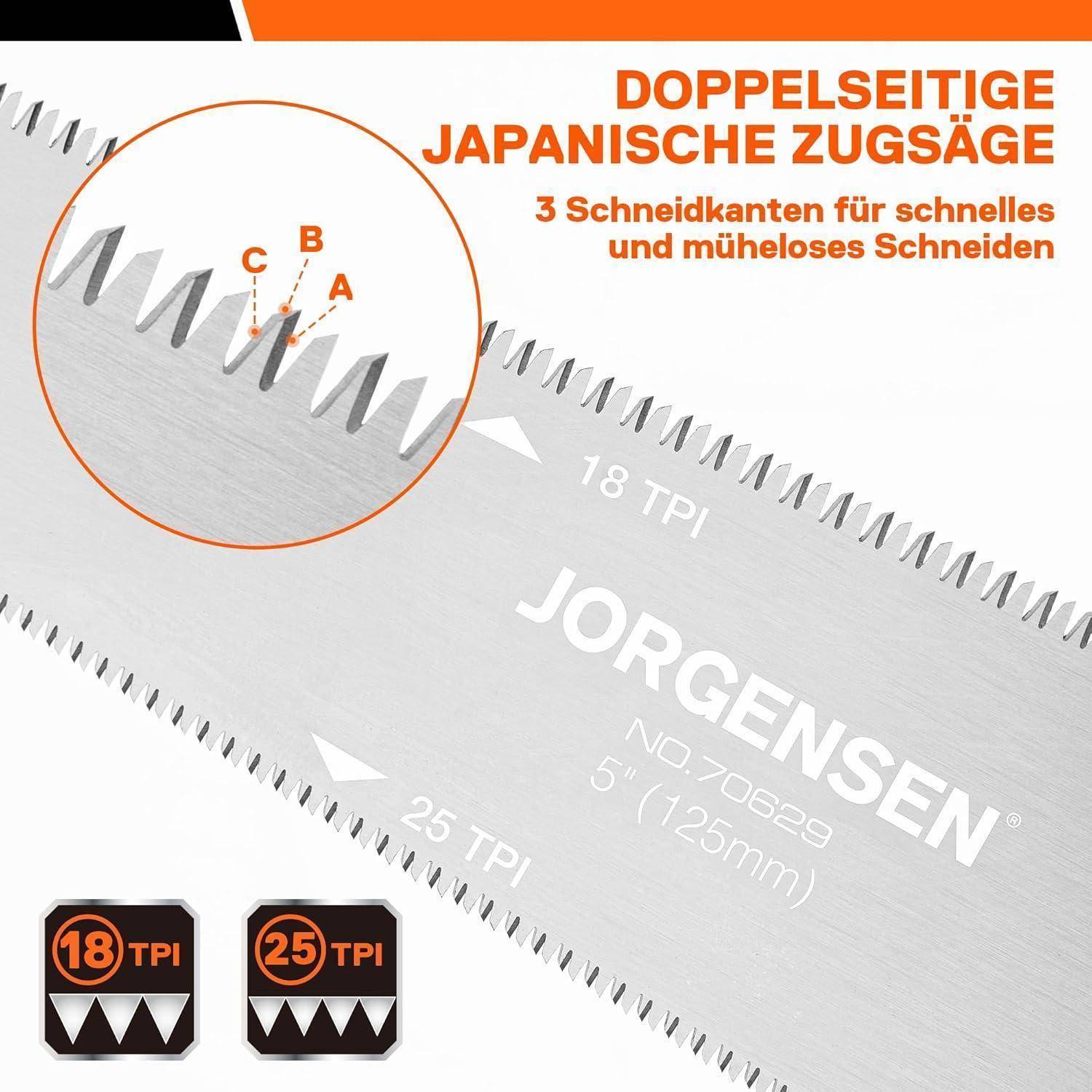Nahaufnahme einer zweischneidigen japanischen Zugsäge mit Markierungen von '18 TPI' und '25 TPI'. Text auf Deutsch beschreibt die Leichtigkeit des Schneidens.