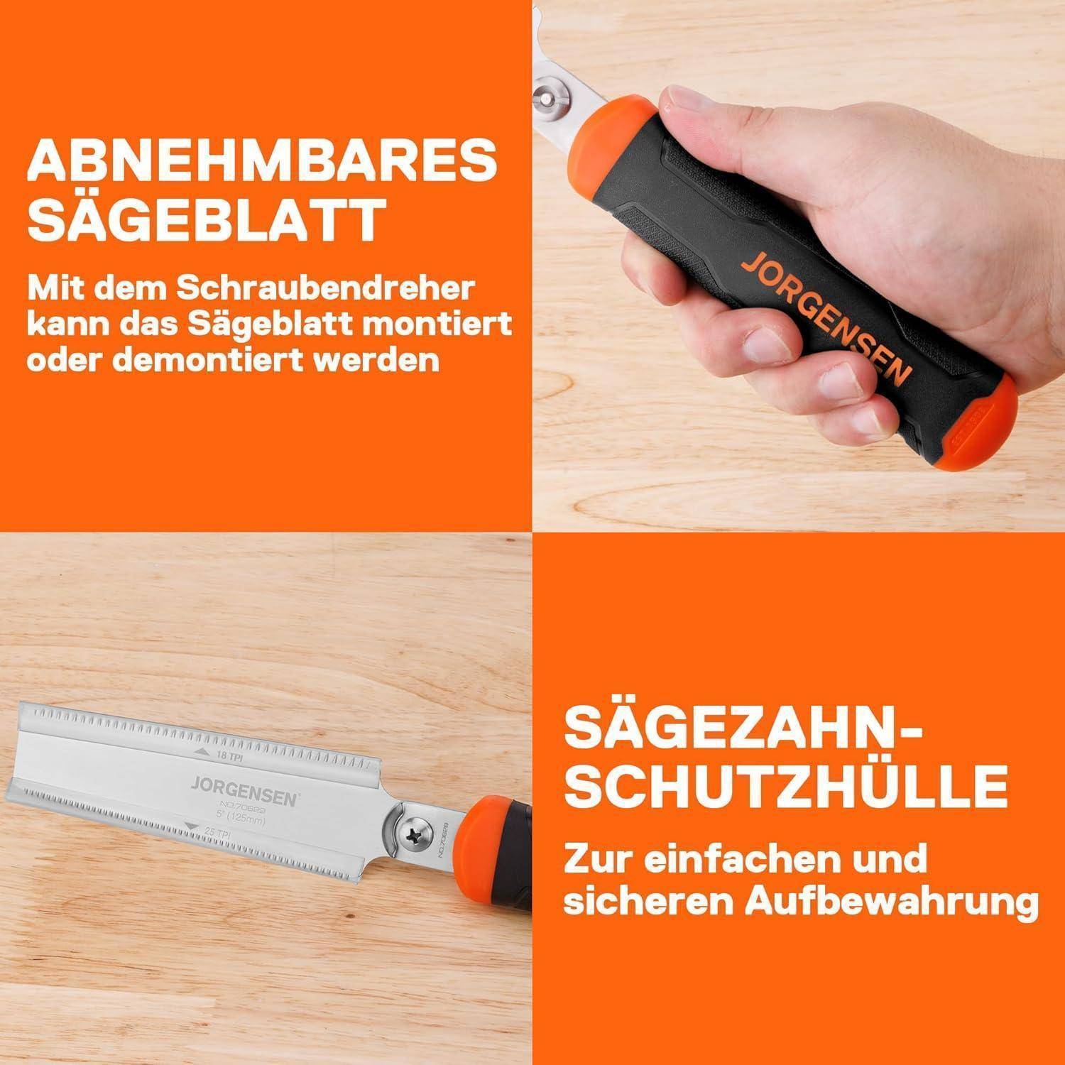 Hand, die eine Säge mit abnehmbarem Sägeblatt und Schutzabdeckung hält. Text: 'ABNEHMBARES SÄGEBLATT' und 'SÄGEZAHNHÜLLE'.