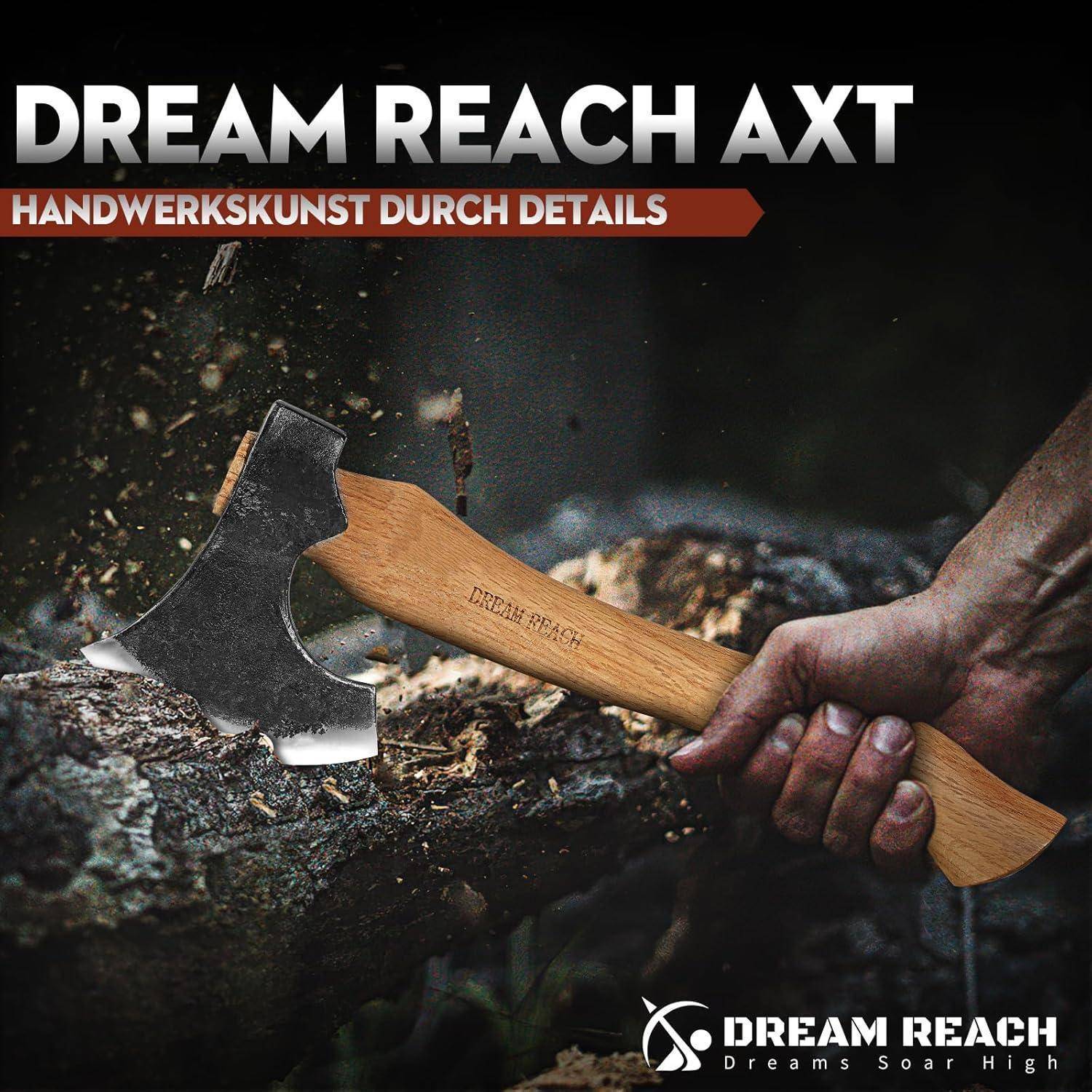 Ein Mann hackt Holz mit einer Axt, die mit 'Dream Reach AXT' beschriftet ist. Text darüber liest: 'Handwerkskunst durch Details'.