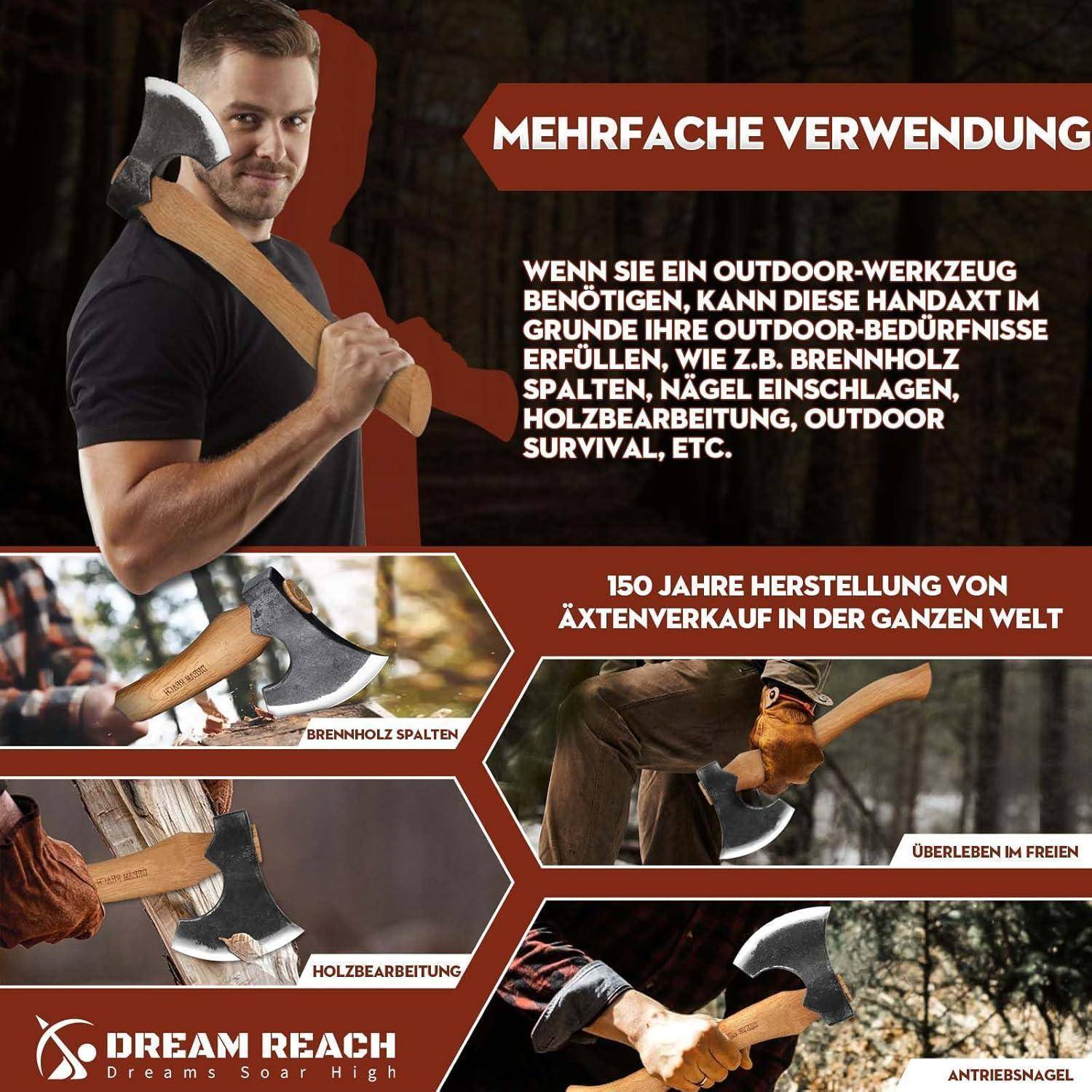 Eine Person, die Brennholz mit einer Axt spaltet, wirbt für ein multifunktionales Outdoor-Werkzeug. Der Text beschreibt das Spalten und Hacken von Holz. Logos und Bilder zur Werkzeugnutzung sind enthalten.