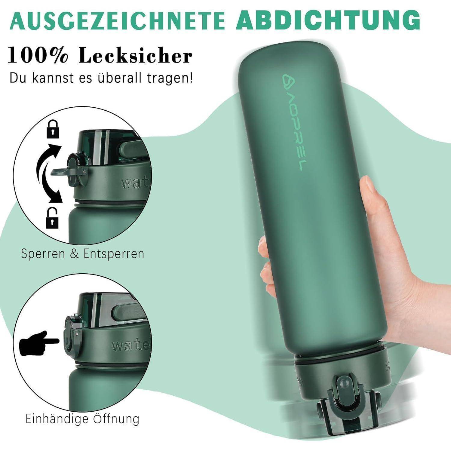 Eine Hand hält eine grüne Wasserflasche mit einem Verschlussmechanismus. Der Text hebt hervor '100% auslaufsicher' und 'Ausgezeichnete Abdichtung'.