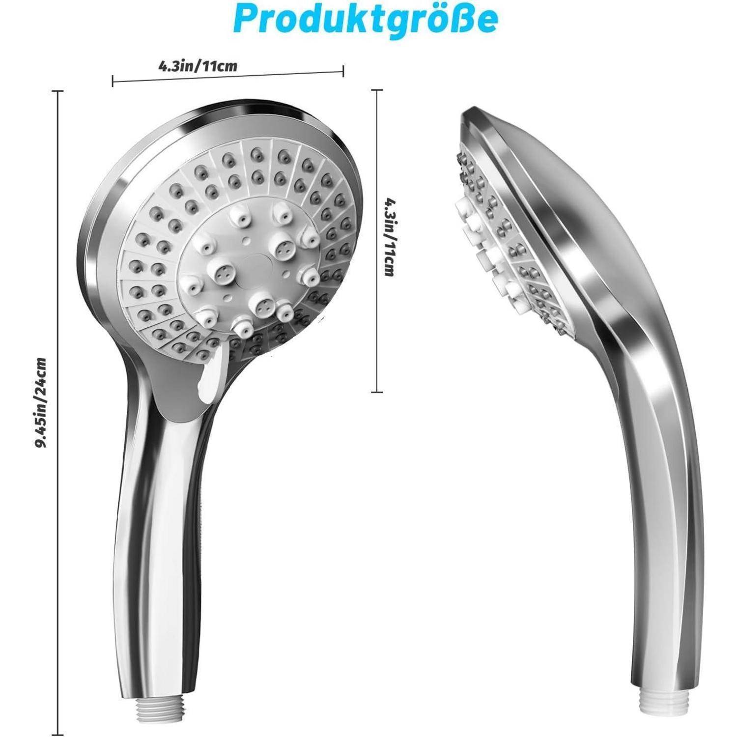 Die Produktgröße zeigt zwei Ansichten eines Handbrausekopfs mit folgenden Abmessungen: 9,45 Zoll/24 cm Länge, 4,3 Zoll/11 cm Breite und 4,3 Zoll/11 cm Durchmesser.