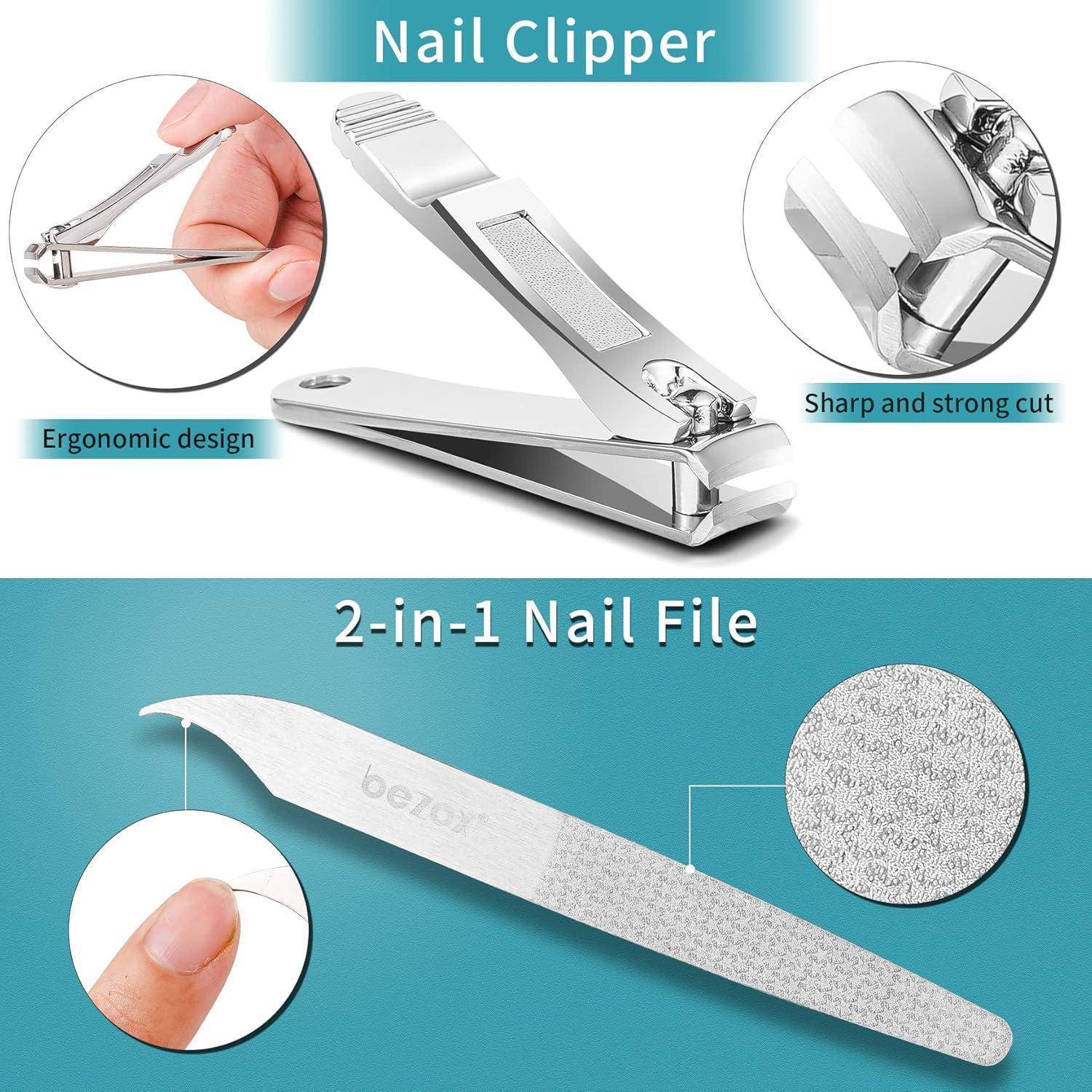 Der 'Nagelknipser'-Set enthält einen Nagelknipser aus Edelstahl mit ergonomischem Design und eine 2-in-1 Nagelfeile mit der Aufschrift 'bezox' für scharfe und präzise Schnitte.