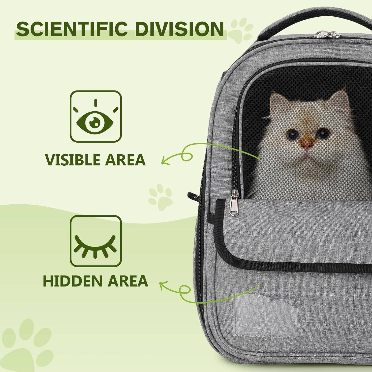 Ein grauer Haustier-Transportrucksack mit einer Katze, die durch ein Meshpanel sichtbar ist. Textbezeichnungen: 'Wissenschaftliche Abteilung', 'Sichtbarer Bereich', 'Versteckter Bereich'.