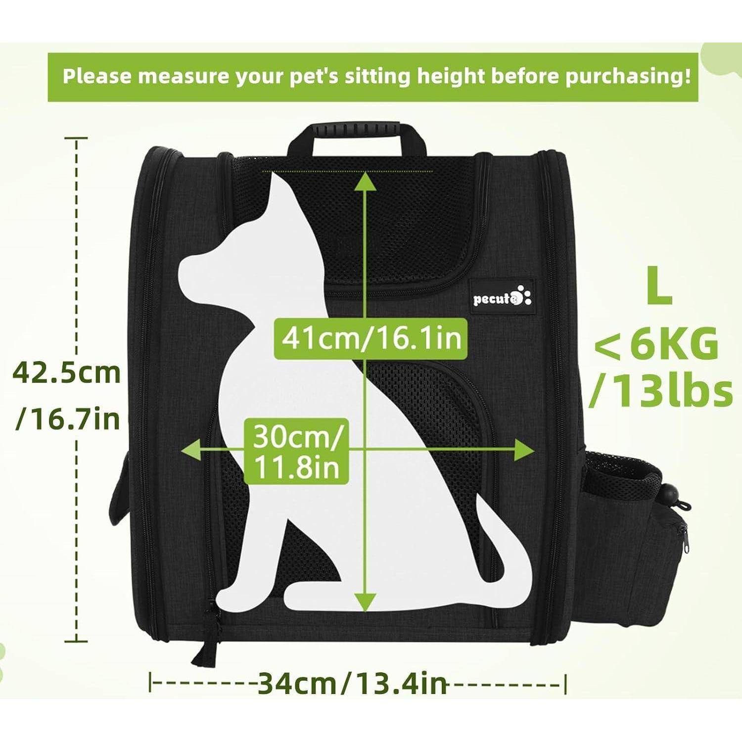 Transportbox-Abmessungen: Höhe 42,5 cm (16,7 Zoll), Breite 34 cm (13,4 Zoll). Geeignet für Haustiere bis zu 6 kg (13 Pfund). Enthält Sitzplatzhöhenführung.