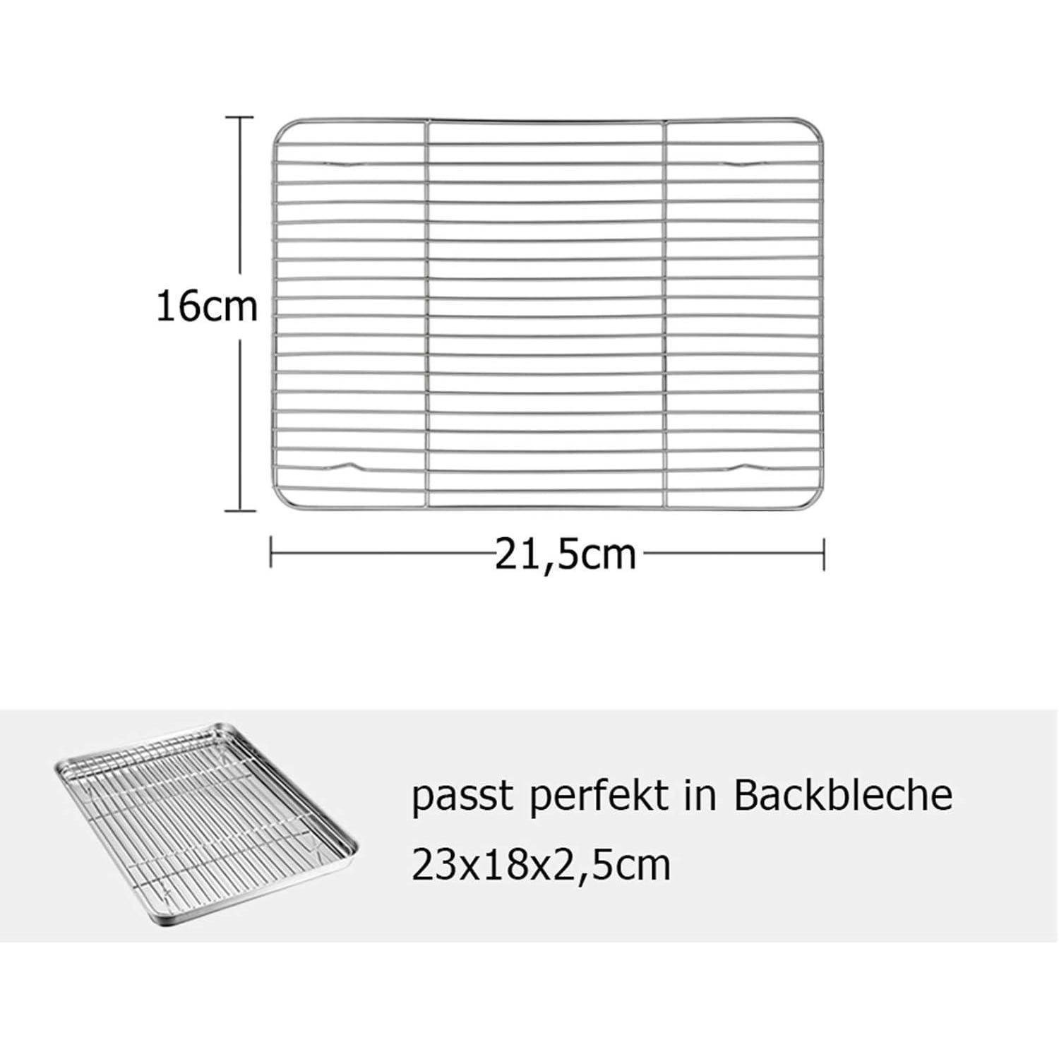 Drahtgitter mit Abmessungen: 21,5 cm Breite, 16 cm Höhe. Passt perfekt in Backbleche von 23x18x2,5 cm.