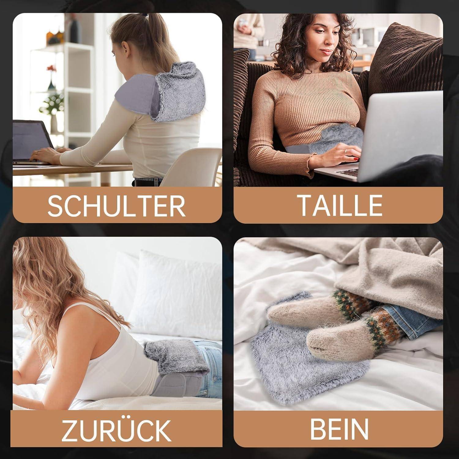 Vier Bilder, die Menschen zeigen, die Wärmepads an verschiedenen Körperteilen verwenden: Schulter, Taille, Rücken und Bein. Jedes Teil ist auf Deutsch beschriftet.
