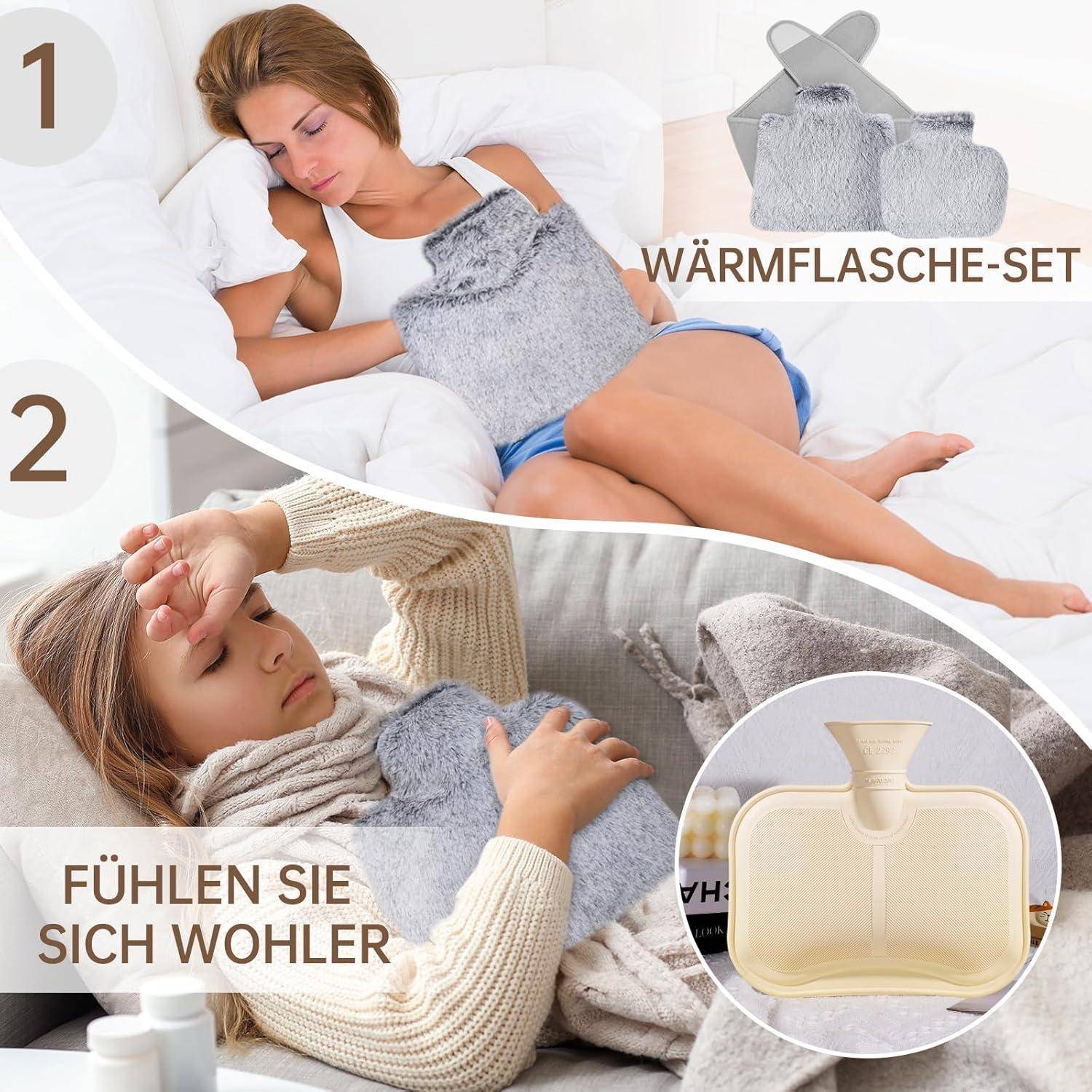 Eine Frau ruht mit einem Wärmflascheset, was Komfort verbessert. Der Text 'Fühlen Sie sich wohler' fördert Entspannung.