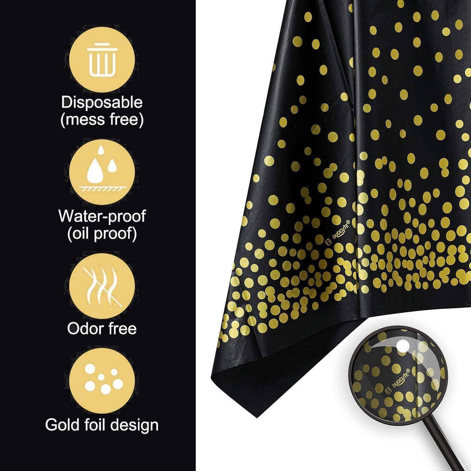 Nahaufnahme eines schwarzen Stoffes mit goldenen Folienpunkten. Aufgeführte Merkmale: 'Einweg (ohne Verschmutzung)', 'Wasserdicht (öldicht)', 'Geruchsfrei', 'Goldfolien-Design'.