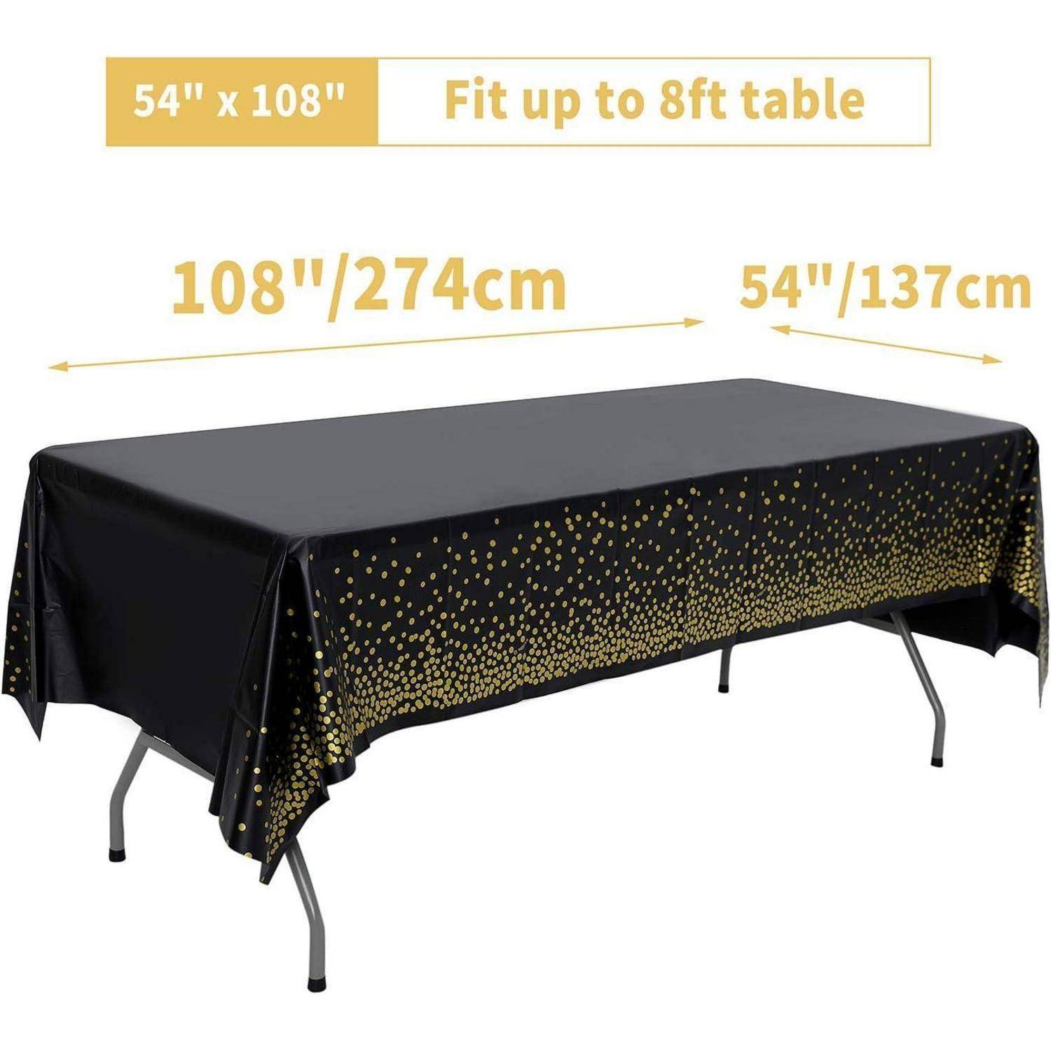 Eine schwarze Tischdecke mit Goldsprenkeln passt auf Tische bis zu 8 Fuß, misst 54 x 108 Zoll.