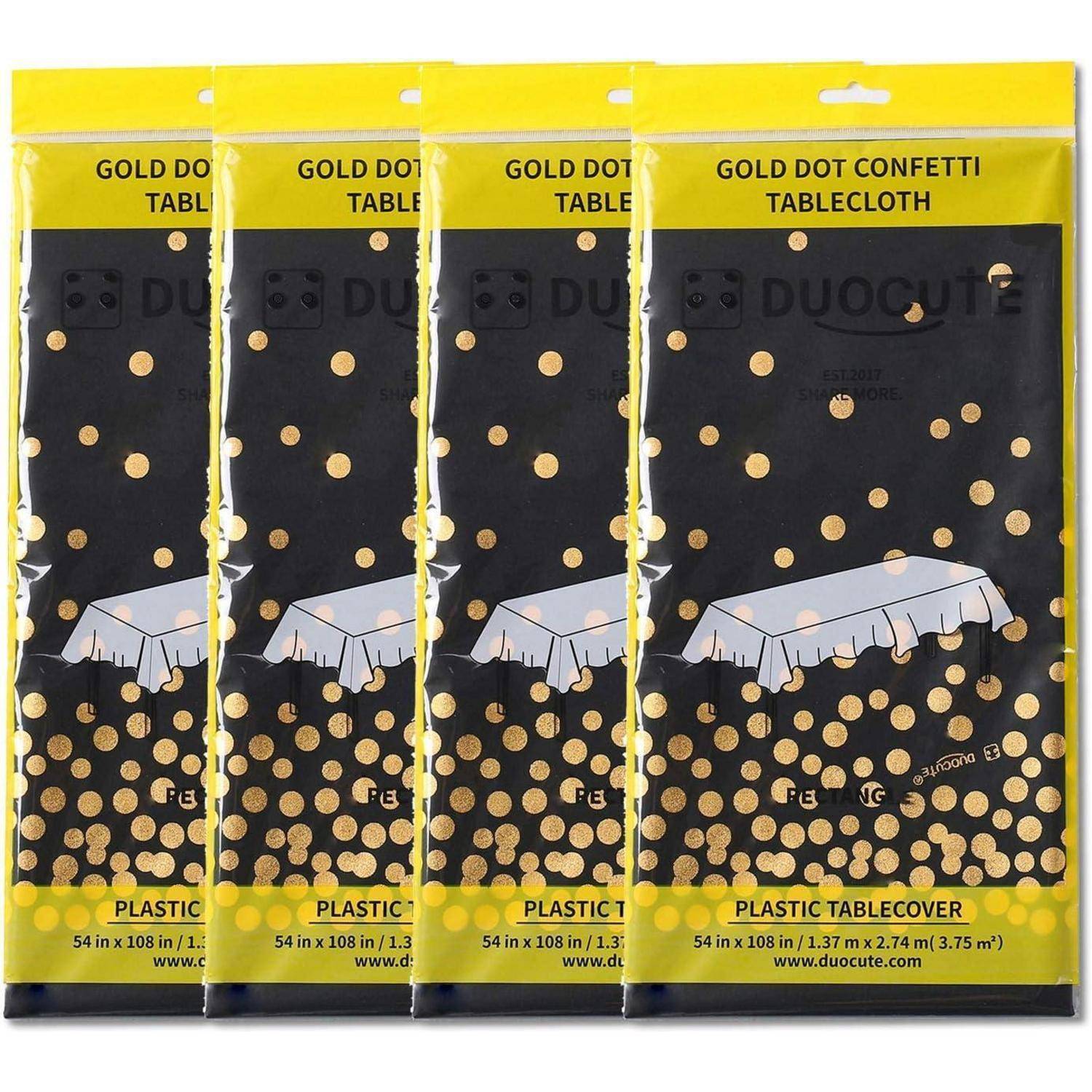 Vier verpackte 'Gold Dot Konfetti Tischdecken' werden präsentiert, die ein Design mit goldenen Punkten auf schwarzem Hintergrund zeigen. Jede Verpackung enthält Produktdetails.