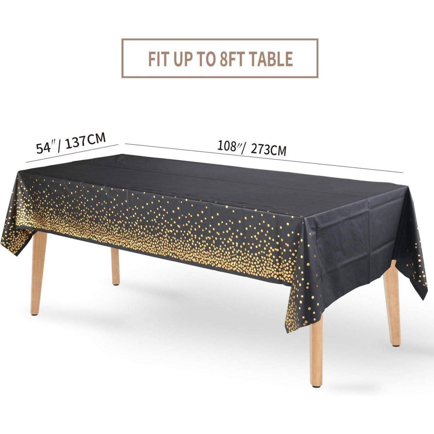 Schwarze Tischdecke mit Goldpunktmuster bedeckt einen rechteckigen Tisch. Text darüber liest sich: 'Passt für Tische bis zu 8 Fuß', Maße darunter angegeben.