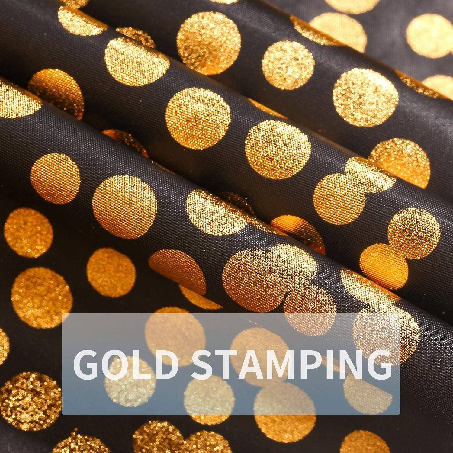 Schwarzer Stoff mit glänzenden goldenen Polka Dots, im unteren Teil des Bildes mit 'GOLD STAMPING' beschriftet.