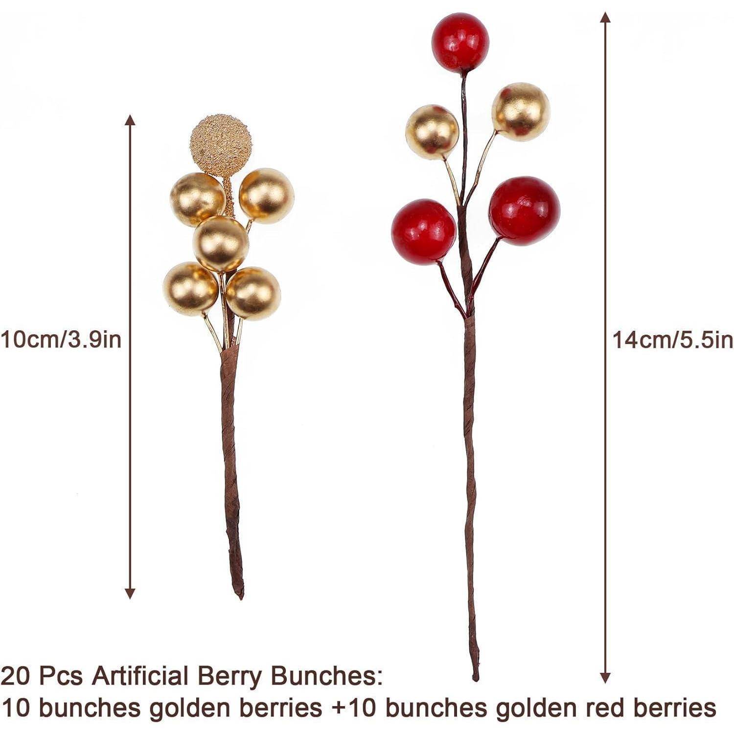 Zwei künstliche Beerenbündel: einer mit goldenen Beeren, 10cm/3,9 Zoll hoch; einer mit roten Beeren, 14cm/5,5 Zoll hoch. Insgesamt: 20 Stück.