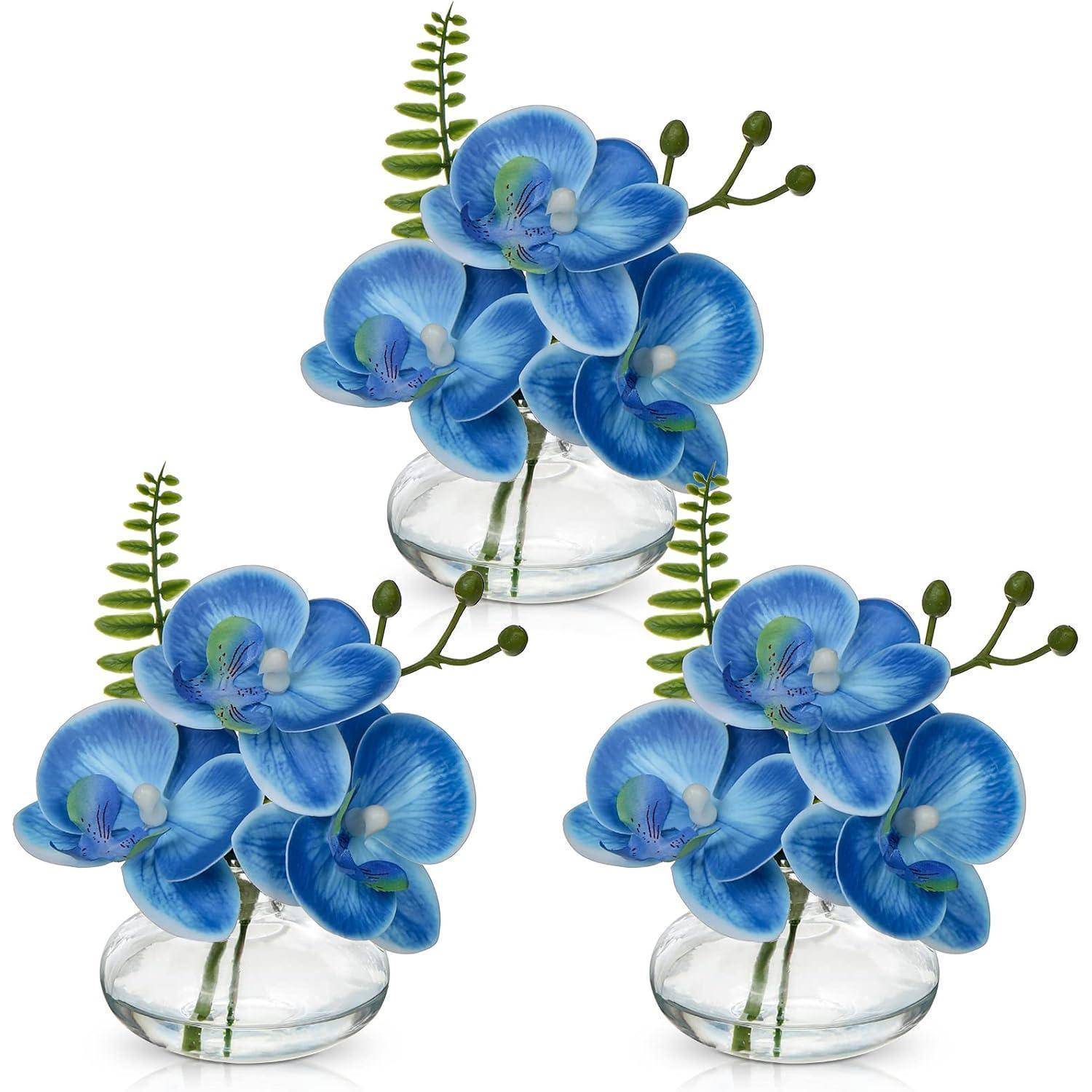 3er Set Kunstorchideen Phalaenopsis Dekoblumen mit Glasvase Blau