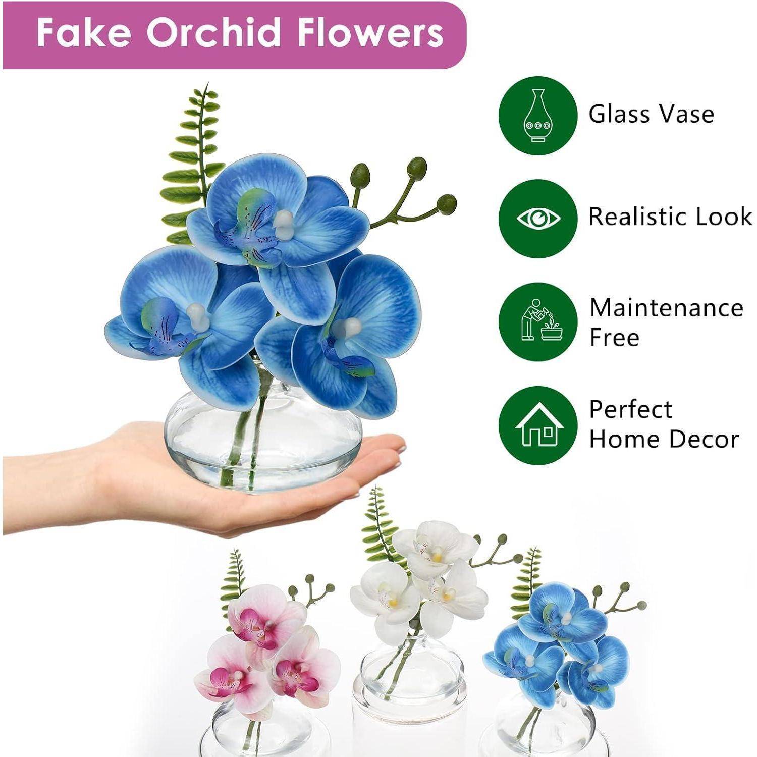 3er Set Kunstorchideen Phalaenopsis Dekoblumen mit Glasvase Blau