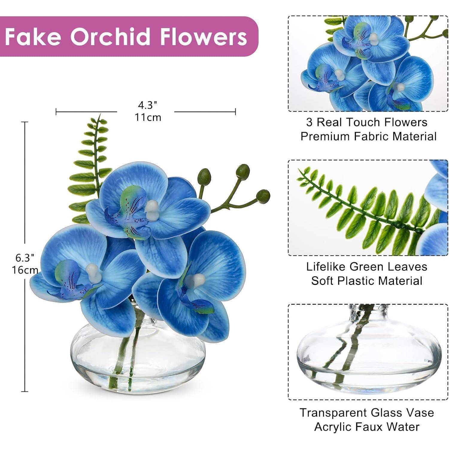 3er Set Kunstorchideen Phalaenopsis Dekoblumen mit Glasvase Blau