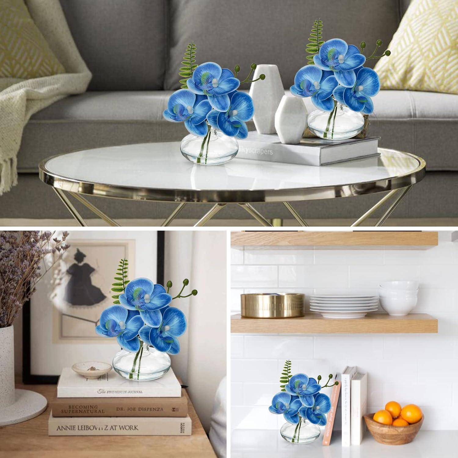 3er Set Kunstorchideen Phalaenopsis Dekoblumen mit Glasvase Blau