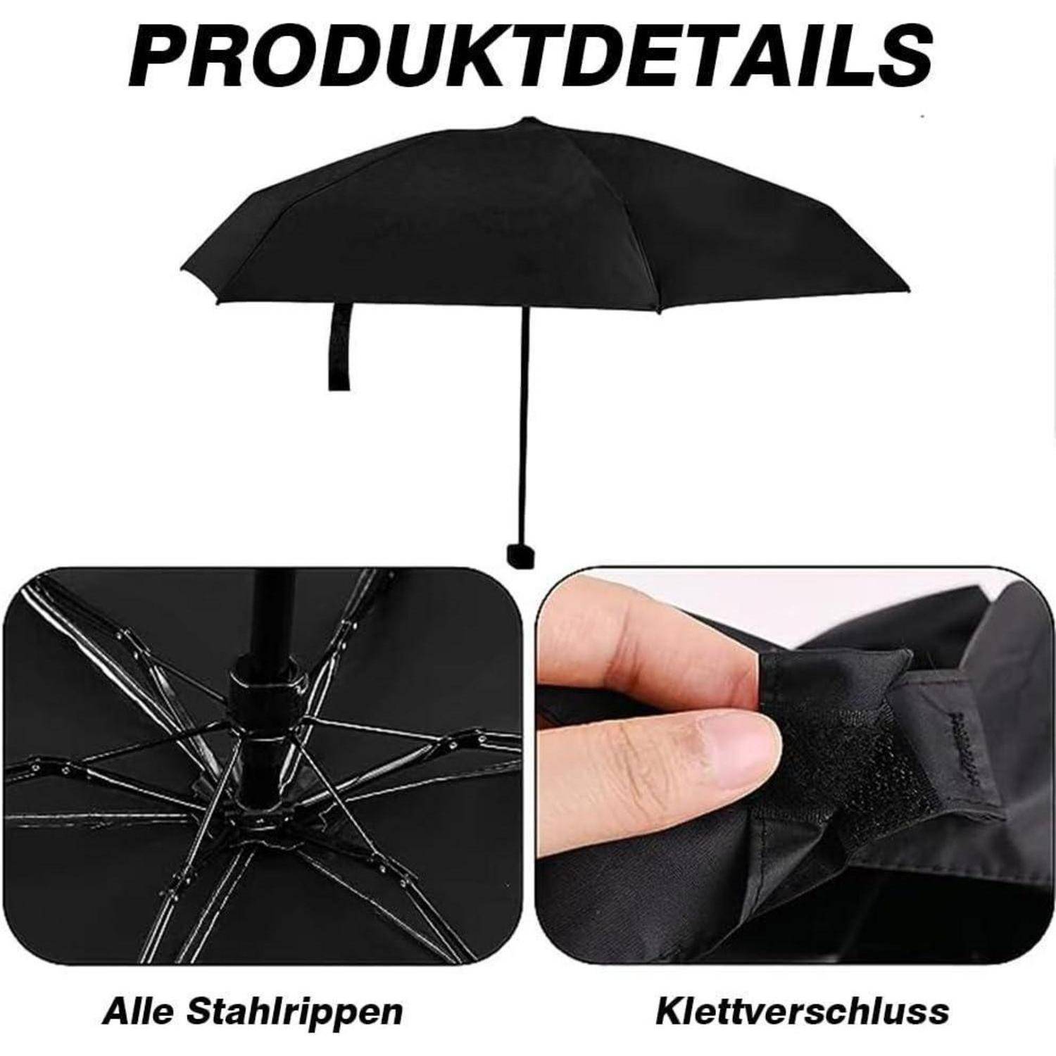 Produktdetails': Ein schwarzer Regenschirm mit Stahlstreben zu sehen. Einblendungen zeigen Stahlstreben im Detail und einen Klettverschluss.