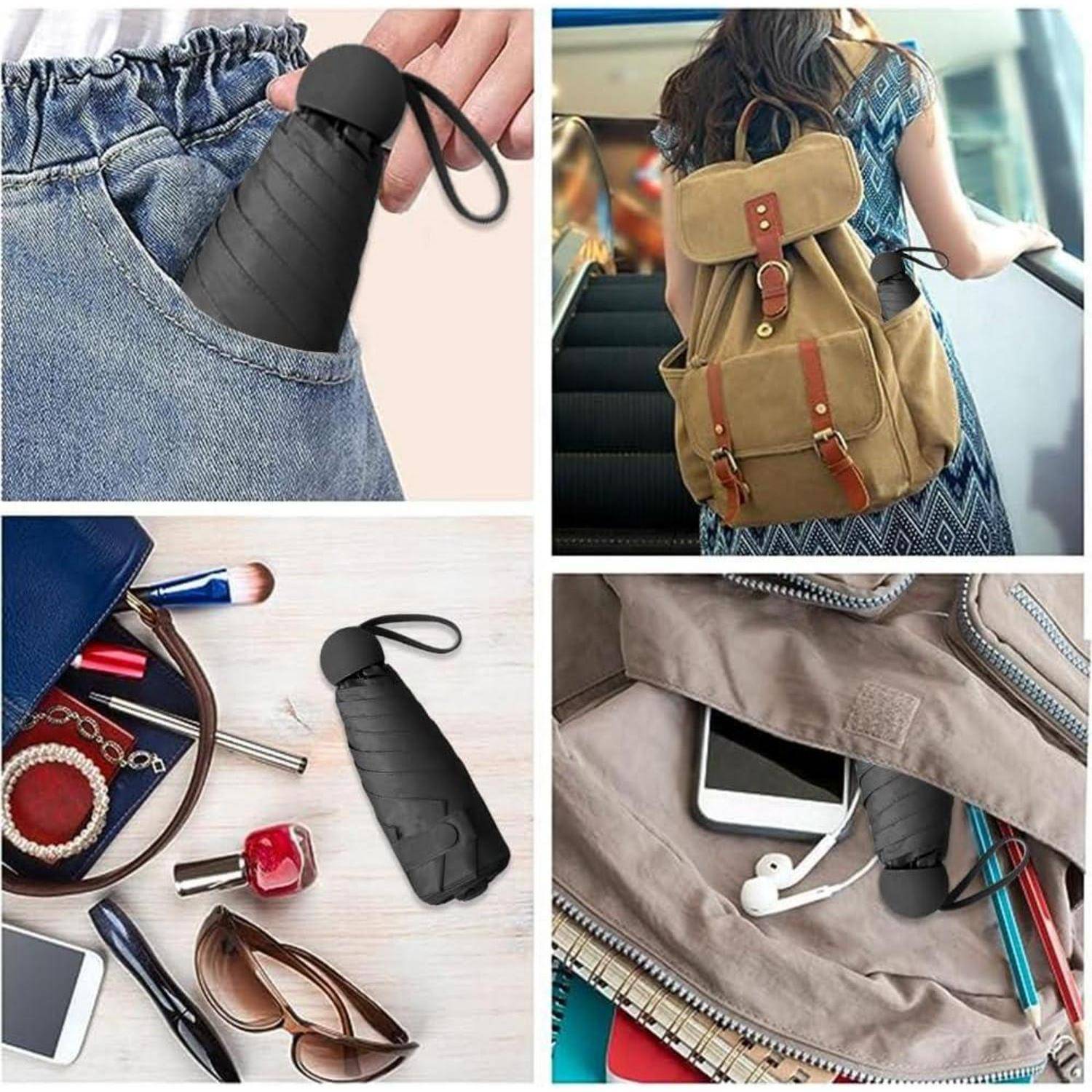Kompakter Regenschirm in der Tasche, Beutel und geöffnet. Wesentliche Accessoires für Frauen: Sonnenbrille, Make-up, Handy, Kopfhörer. Bequemlichkeit und Transportfähigkeit hervorgehoben.