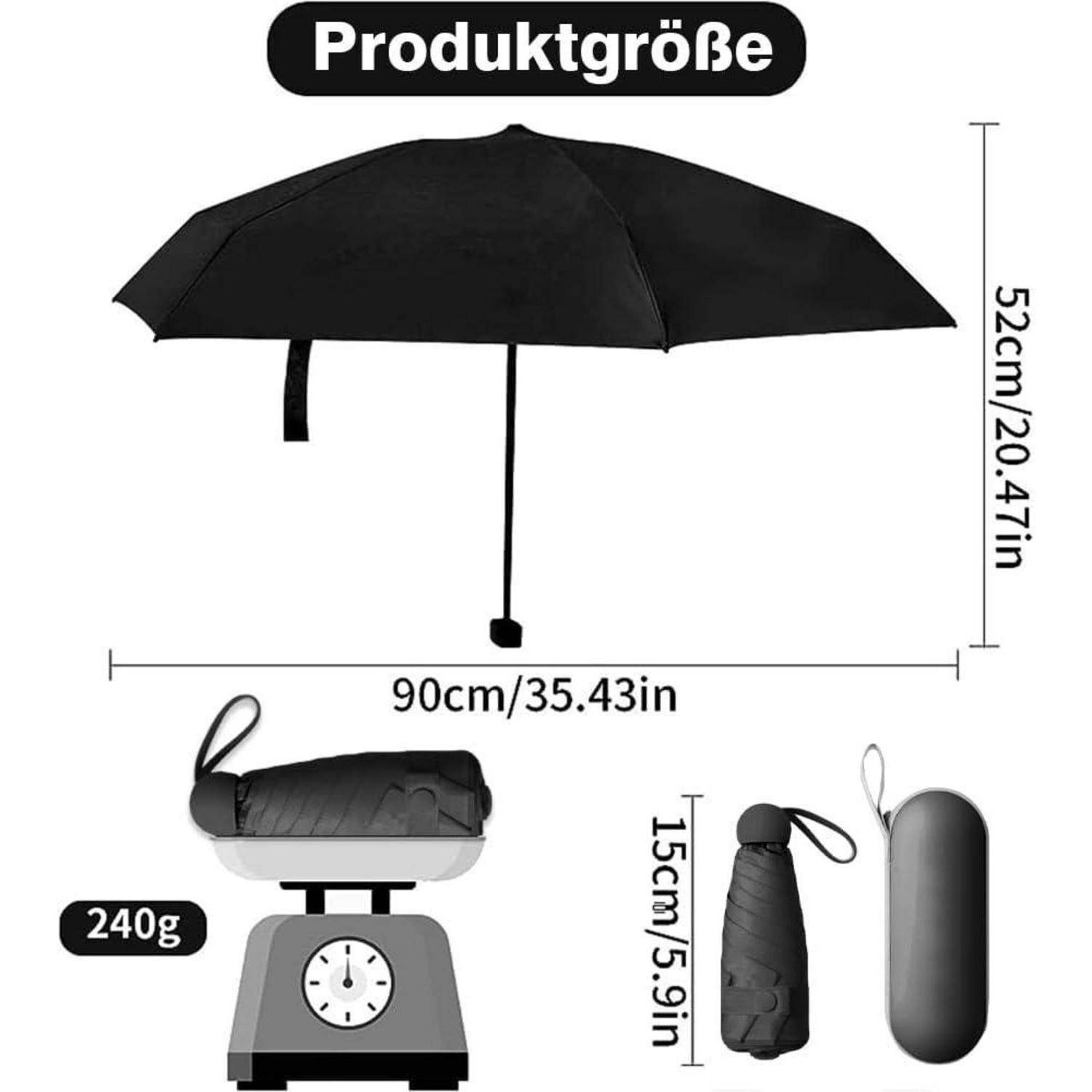 Produktgröße': Bild, das einen schwarzen Regenschirm mit Abmessungen von 52 cm Höhe, 90 cm Breite und einem Gewicht von 240 g zeigt. Zusätzliche Ansicht des zusammengeklappten Regenschirms mit einer Länge von 15 cm.