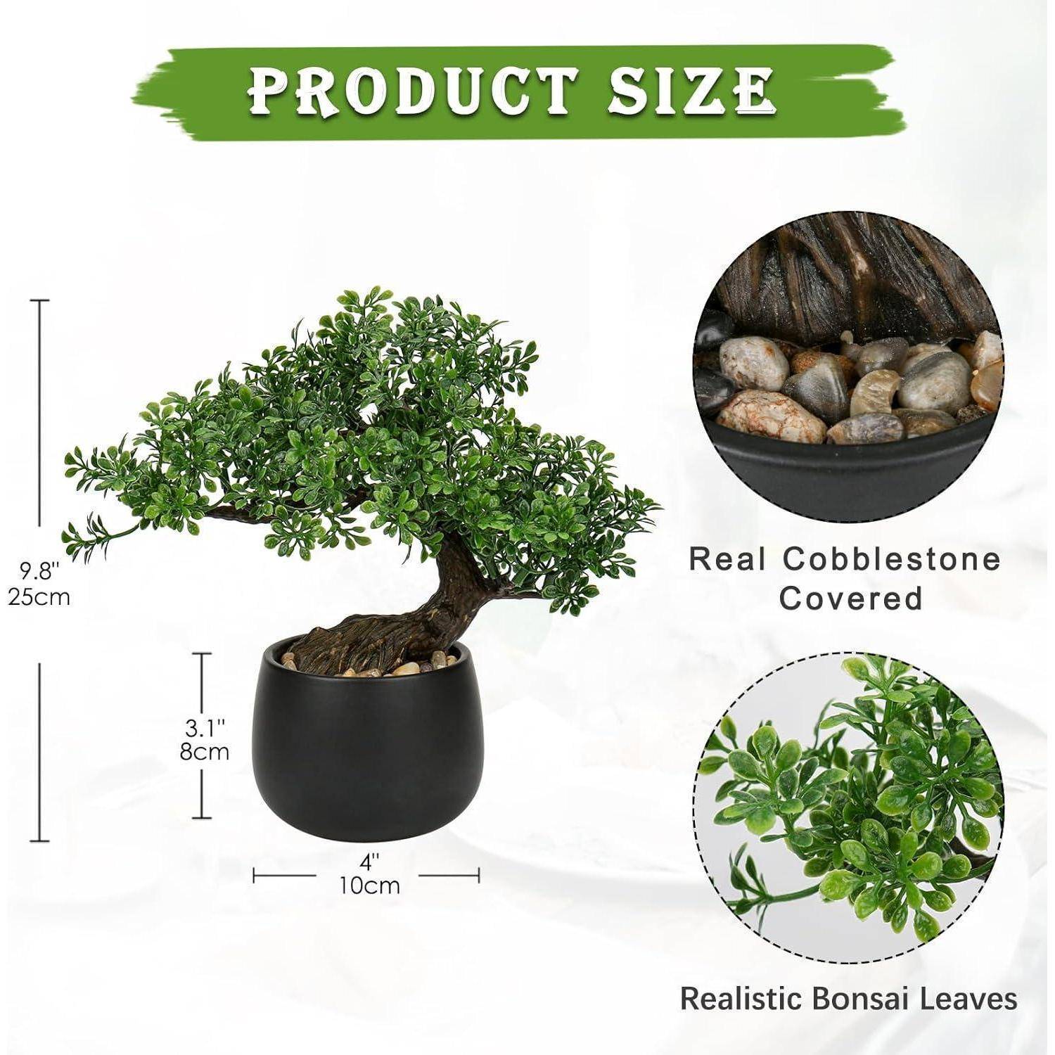 Bonsai-Baum in einem 4-Zoll-Topf, 9,8 Zoll hoch. Ausgestattet mit realistischen Blättern und Pflastersteinabdeckung.