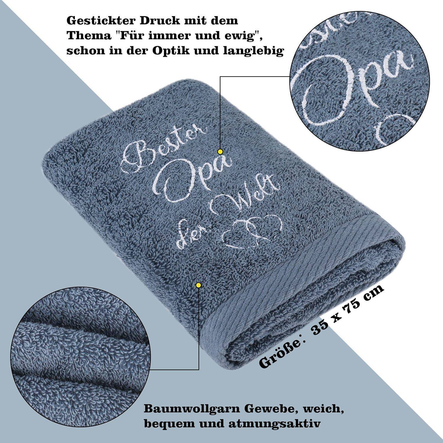 Grauer Handtuch mit besticktem Text ‚Bester Opa der Welt'. Merkmale betonen weiches Baumwollgewebe. Größe: 35 x 75 cm.