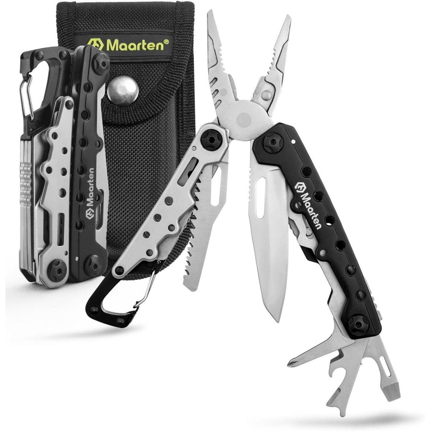 Multitool-Set mit verschiedenen Werkzeugen, darunter Zange, Messer und Schraubendreher, in Schwarz und Silber. Wird mit einer schwarzen Tragetasche geliefert.