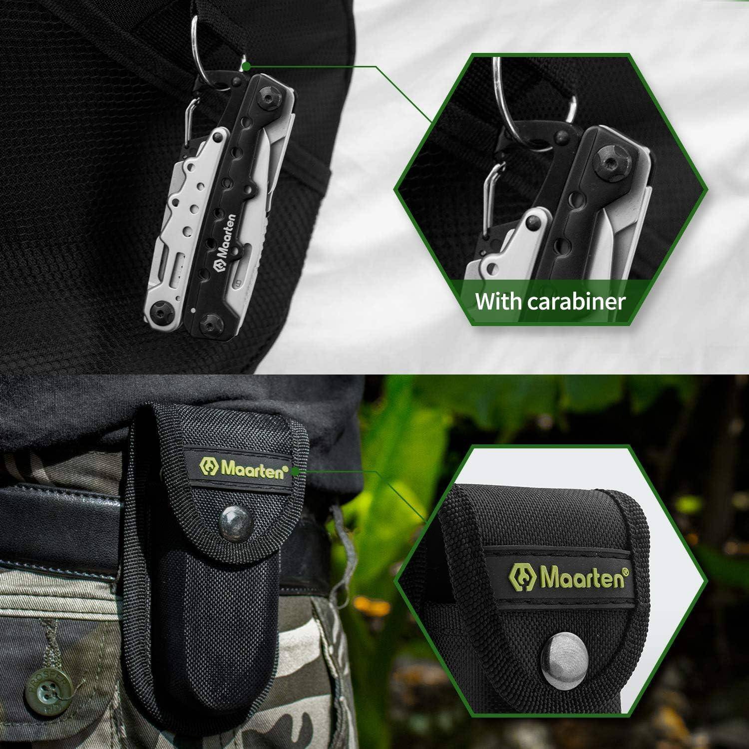 Multitool 'Maarten' mit einem Karabiner, der in zwei Szenarien dargestellt wird: angehängt an einer Schlaufe und in einer Markentasche am Gürtel.