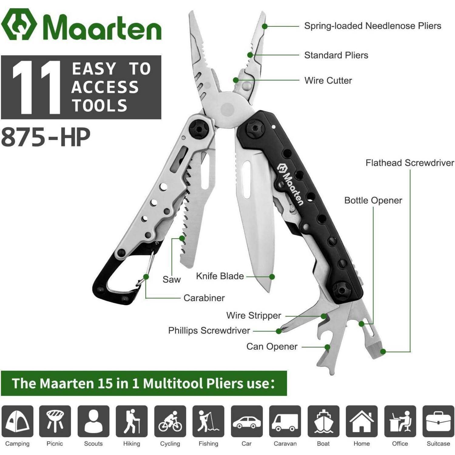 Das Bild von Multitool-Zangen zeigt 11 Werkzeuge: Langspitzzange, Standard-Zange, Drahtschneider, Schraubendreher, Flaschenöffner, Säge, Messer, Karabiner.