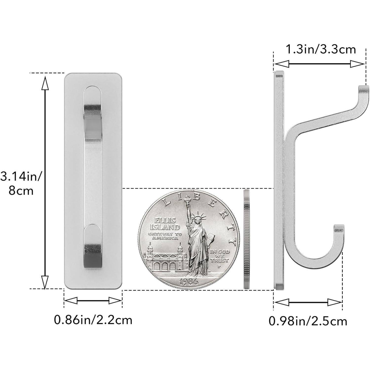 An der Wand befestigte Haken neben einer US-Vierteldollar-Münze zum Größenvergleich. Abmessungen sind beschriftet: 3,14 Zoll x 0,86 Zoll für die Hakenbasis; 1,3 Zoll x 0,98 Zoll für das Hakenseitenprofil.
