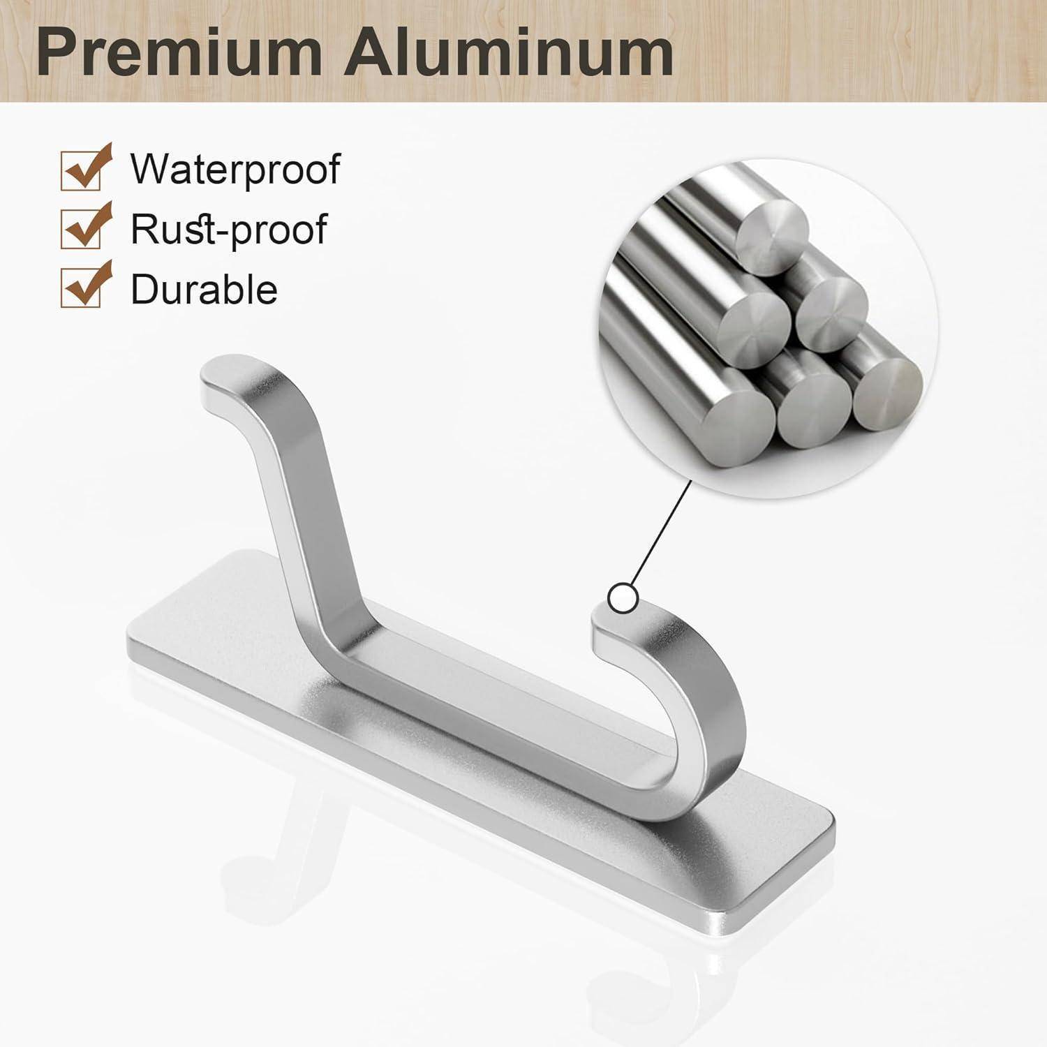 Aluminiumhaken; wasserdicht, rostbeständig, langlebig; eingesetztes Bild zeigt silberne Metallstäbe und unterstreicht die Materialqualität.
