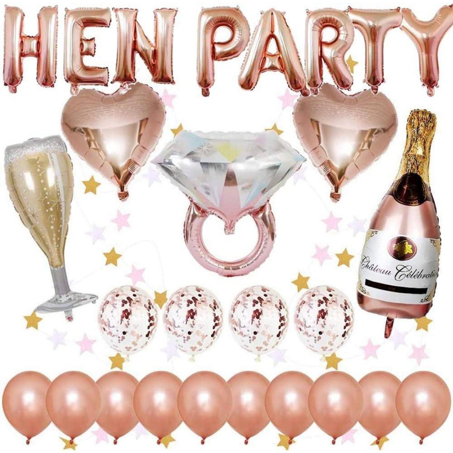 Roségold Ballondekoration für eine 'Hen Party', mit Herzformen, Champagner, Diamantring und verschiedenen runden Luftballons.