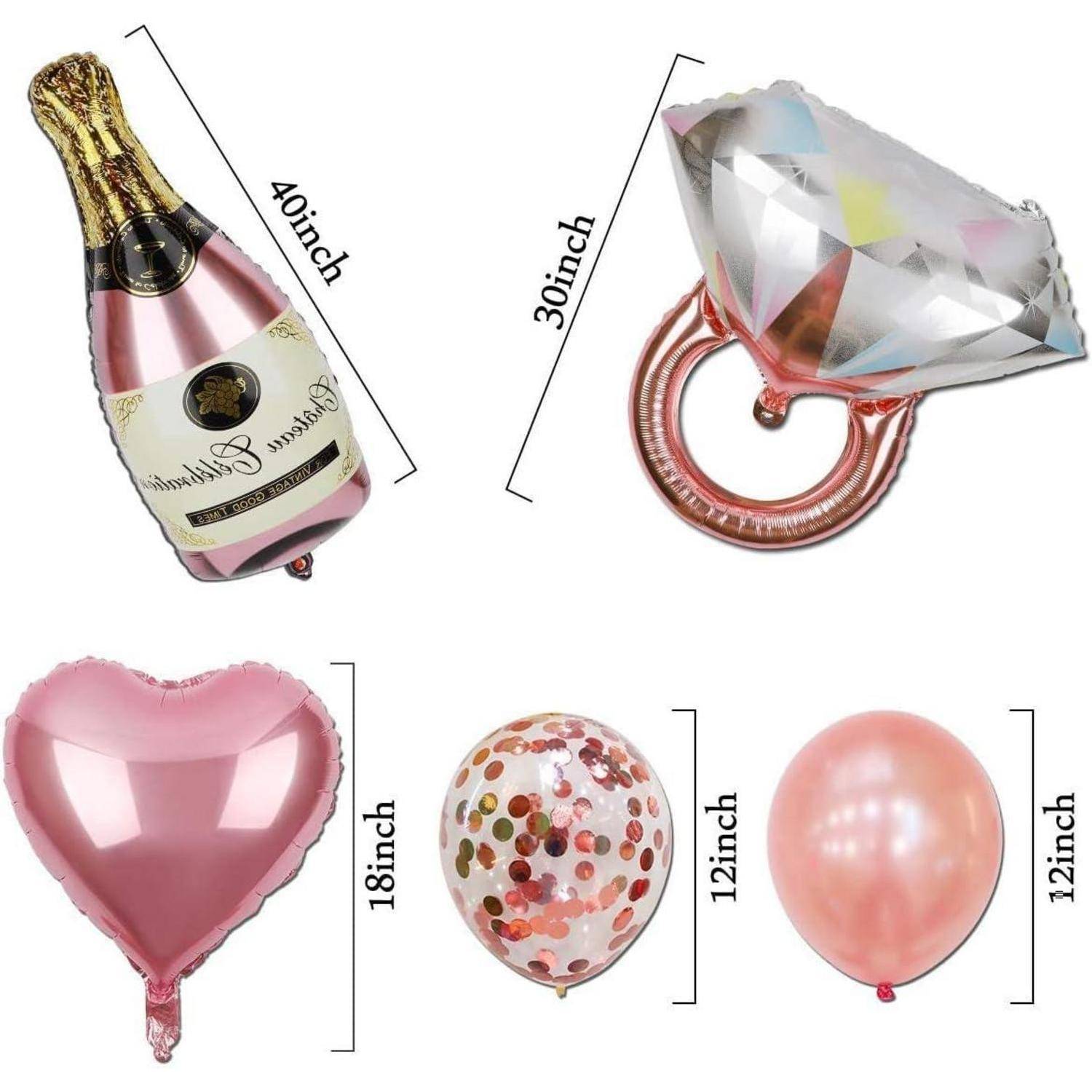 Verschiedene Partydekoration umfasst eine 101,6 cm große Champagnerflasche, einen 76,2 cm großen Diamantring, ein 45,7 cm großes Herz sowie 30,5 cm große Konfetti- und Perlenballons.