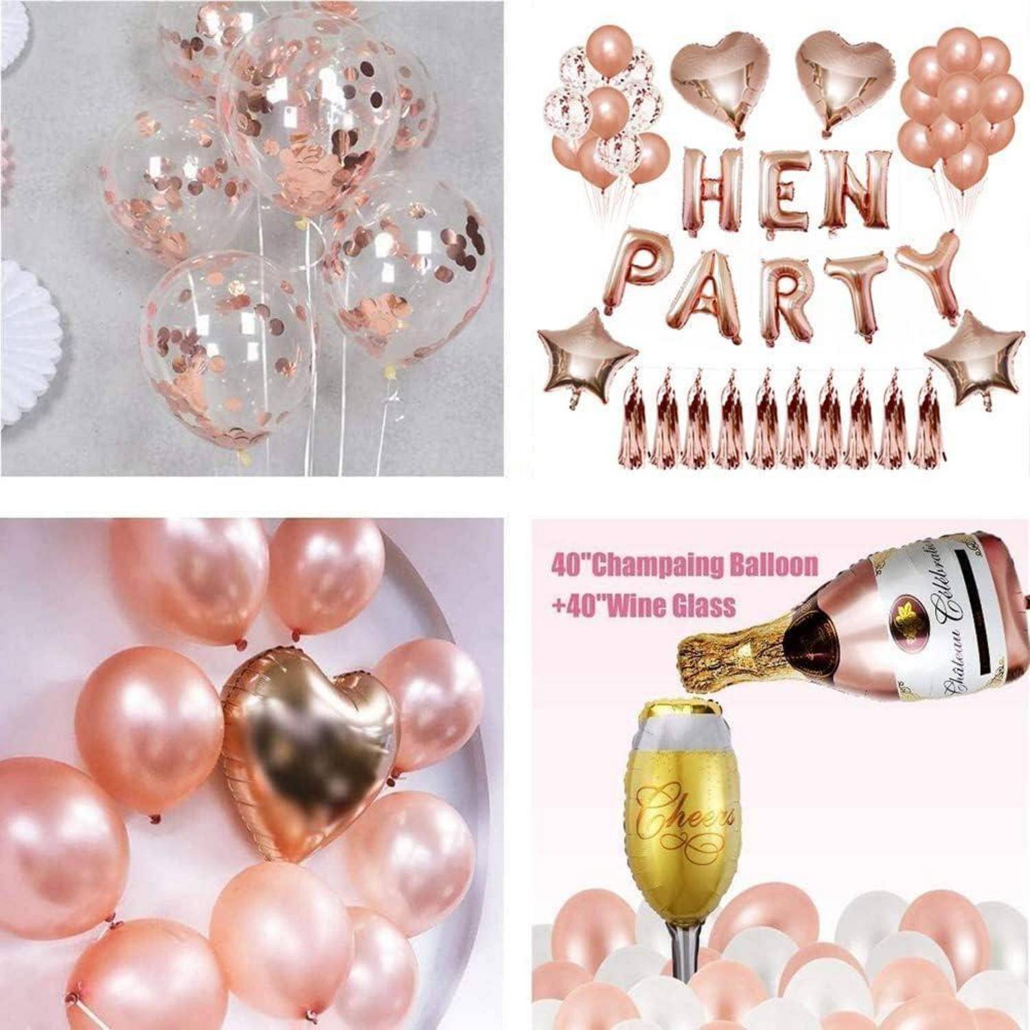Luftballons und Champagnergläser, die für eine 'Hen Party' (Junggesellinnenabschied) arrangiert sind und rosagoldene und rosa Dekorationen mit einem festlichen Thema präsentieren.