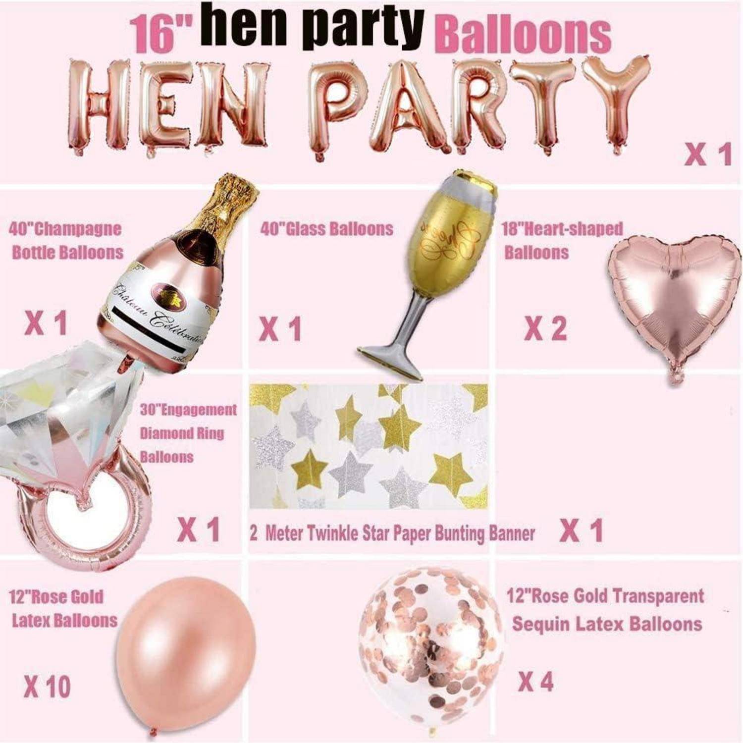 Hen Party' Ballon-Set enthält Goldchampagnerflasche, herzförmige Ballons, Diamantring, Sternen-Banner und Latexballons.