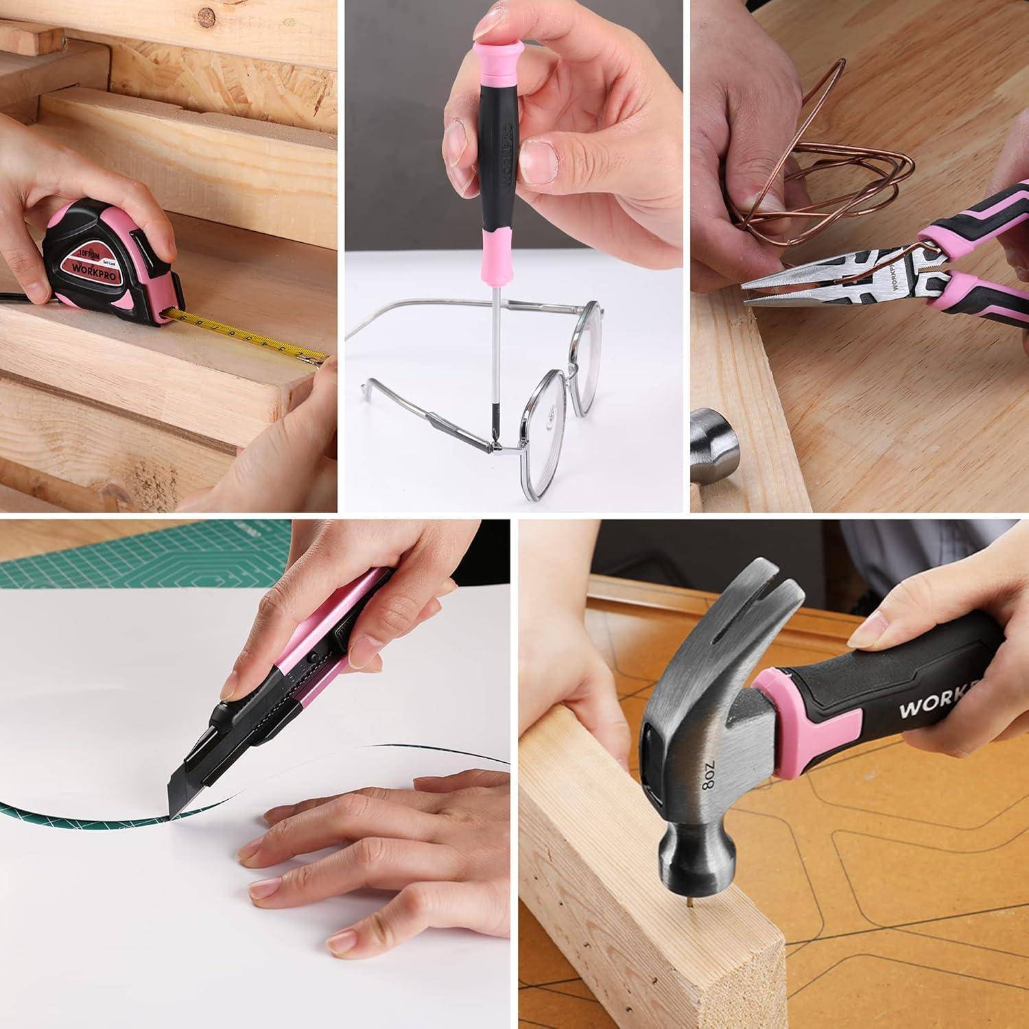 Mehrere Bilder zeigen funktionsübergreifende Handwerkzeuge bei der Verwendung: Holz vermessen, Brillen reparieren, Draht schneiden, Formen nachzeichnen und Hämmern.