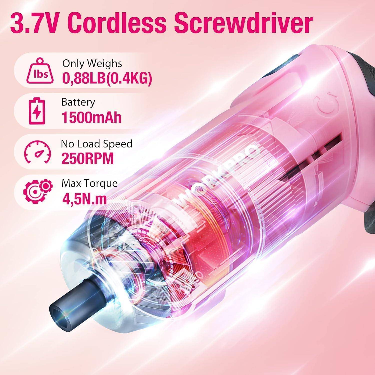Bild eines rosa 3,7V kabellosen Schraubers mit Spezifikationen: 0,88 LB (0,4 kg) Gewicht, 1500 mAh Akku, 250 U/min Geschwindigkeit, max. 4,5 N·m Drehmoment.