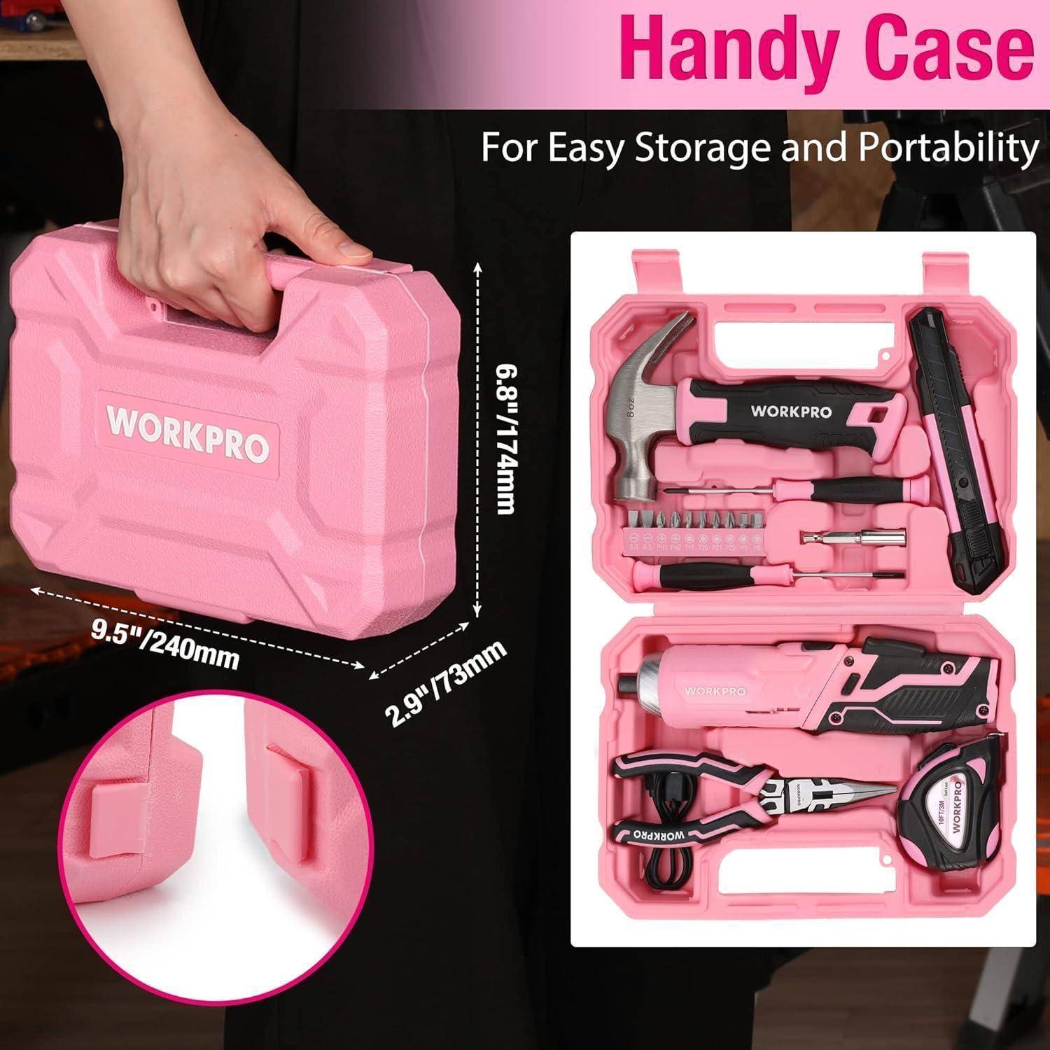 Eine Person trägt einen rosa Werkzeugkoffer mit der Aufschrift 