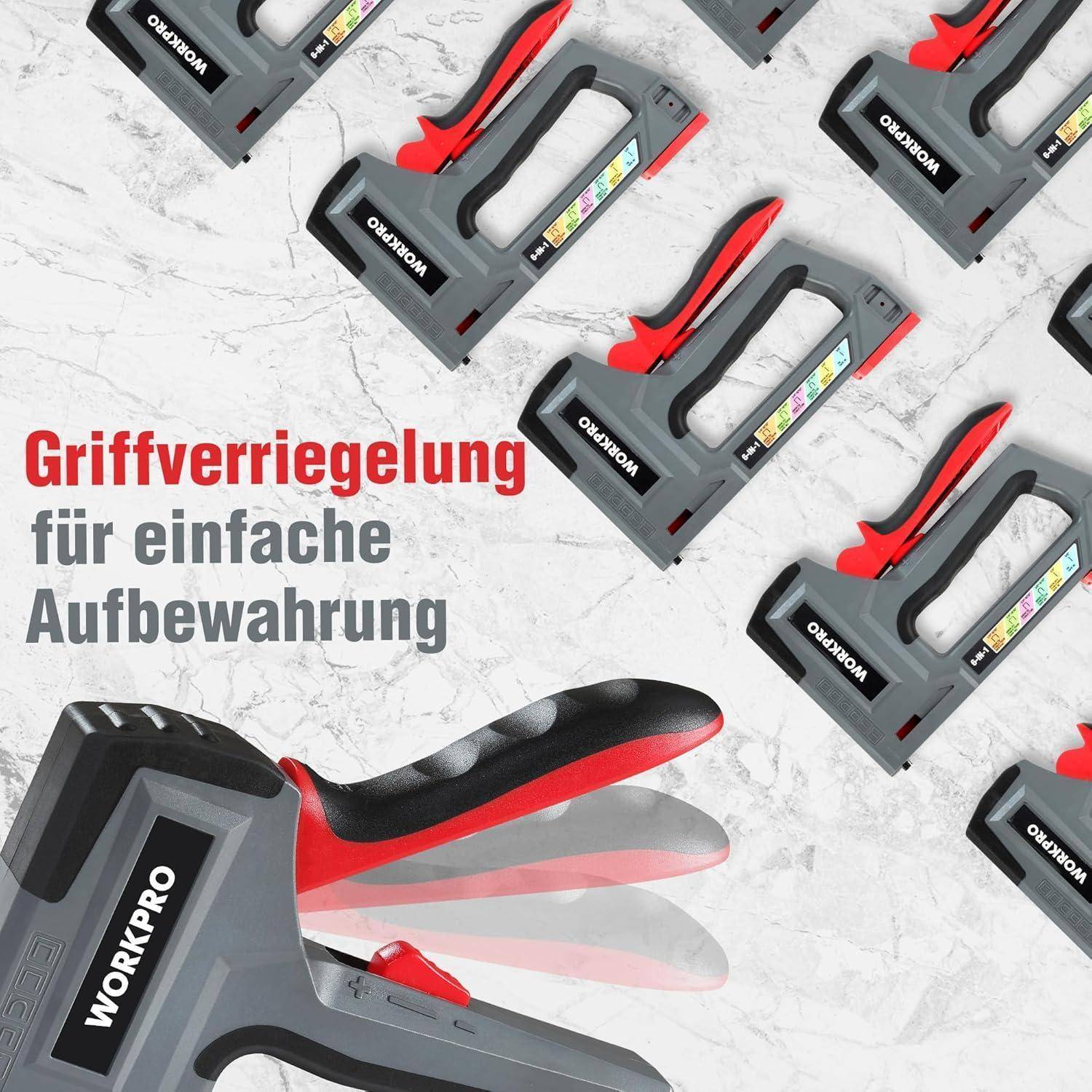 Vier unterschiedlich farbige Hefter mit der Markenaufschrift 'WORKPRO' und geschwungenen Griffen werden auf einer Marmoroberfläche präsentiert. Der deutsche Text lautet 'Griffverriegelung für einfache Aufbewahrung'.