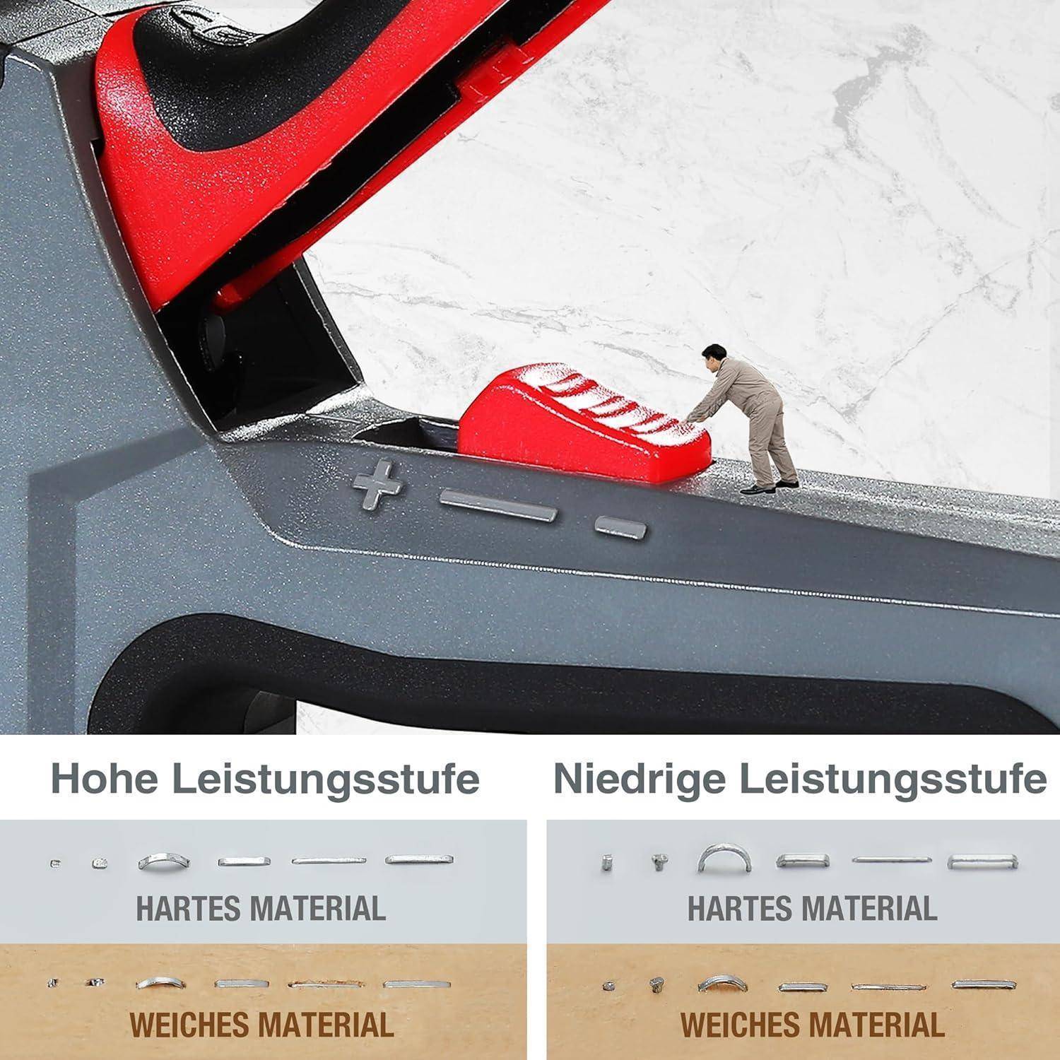 Ein kleiner Mensch justiert ein großes Werkzeug in einer Anzeige, die verschiedene Einstellungen und Materialien zeigt. Text liest sich 