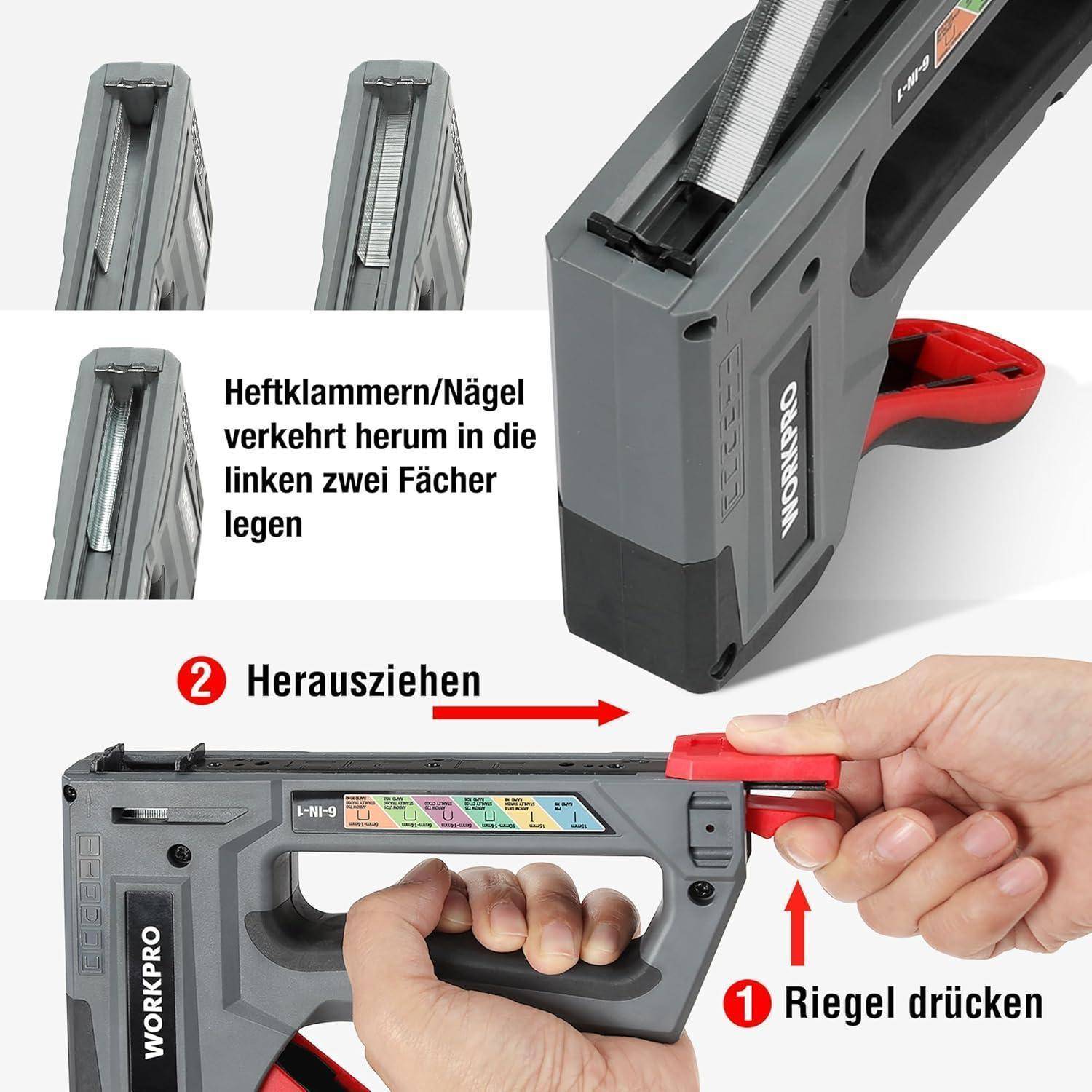 Eine Person verwendet eine Tacker-Pistole mit Anweisungen zum Einsetzen von Klammern und zum Entfernen eines Sicherheitsclips. Die Marke des Werkzeugs ist sichtbar.