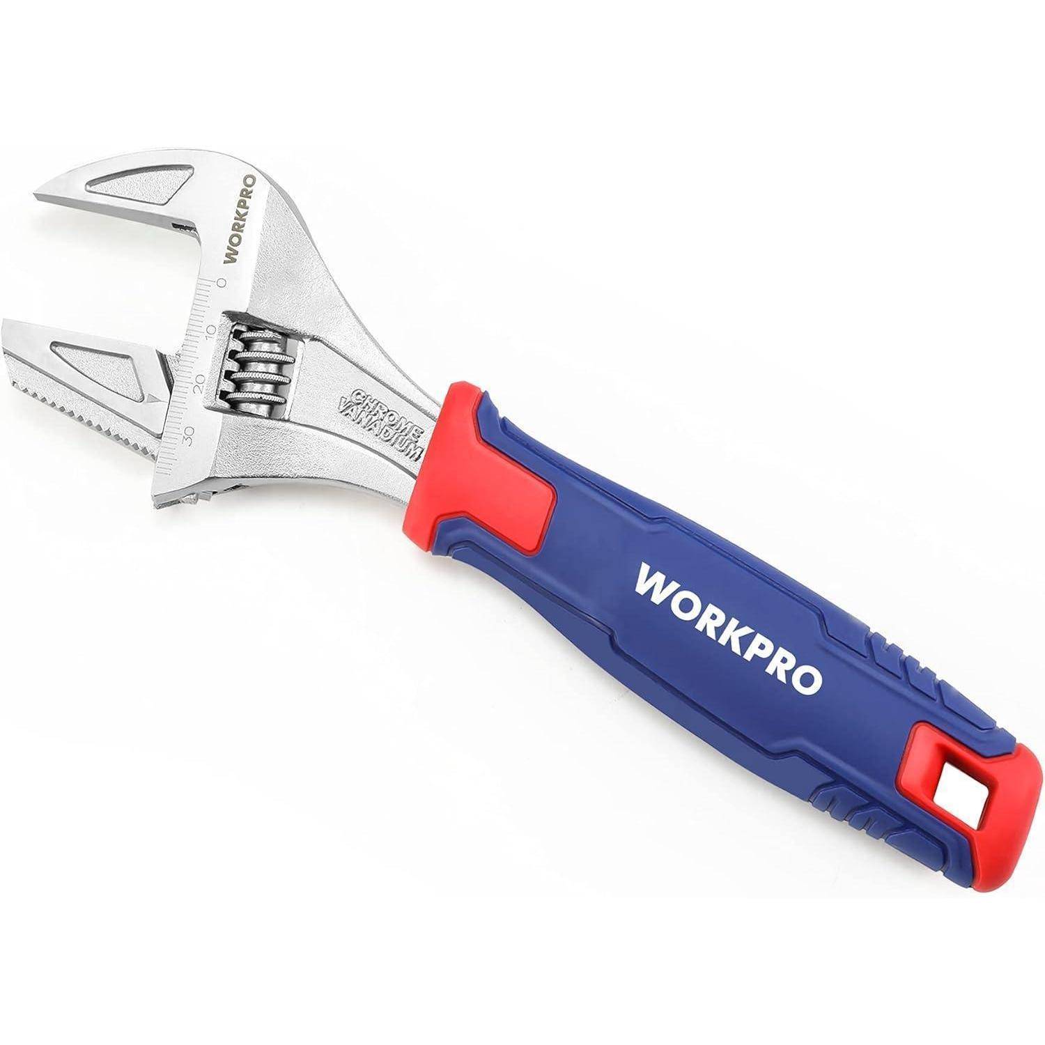 Ein verstellbarer Schraubenschlüssel mit blau-rotem Griff, beschriftet mit 'WorkPro'.