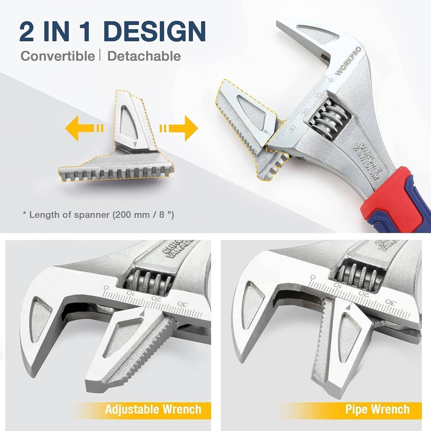 2-in-1-Design Kombischraubenschlüssel: verstellbar und Rohrzange. Länge 200mm/8