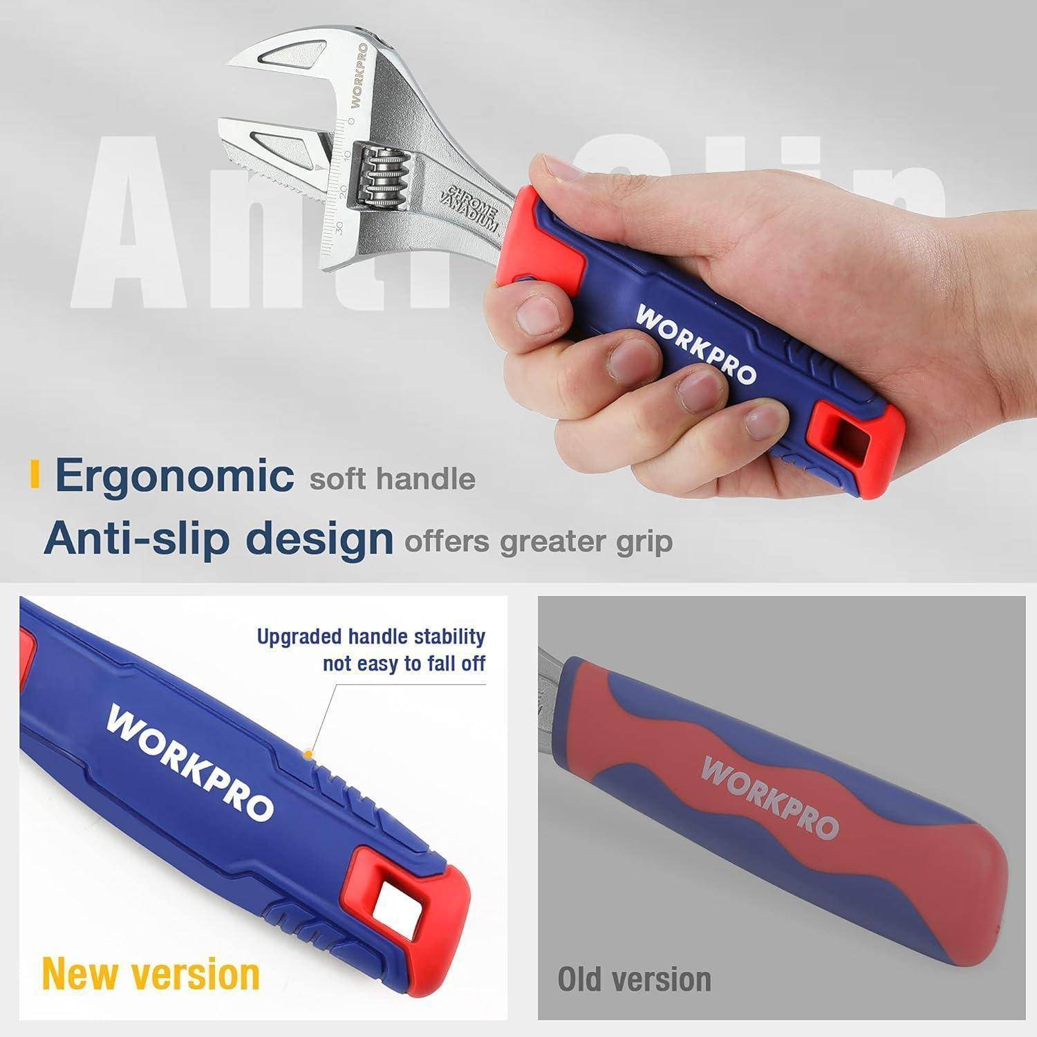 Ergonomischer weicher Griff, rutschfeste Konstruktion bietet besseren Halt.' Bild vergleicht einen neuen blauen und roten Schraubenschlüssel-Griff von 'WORKPRO' mit einer älteren Version.