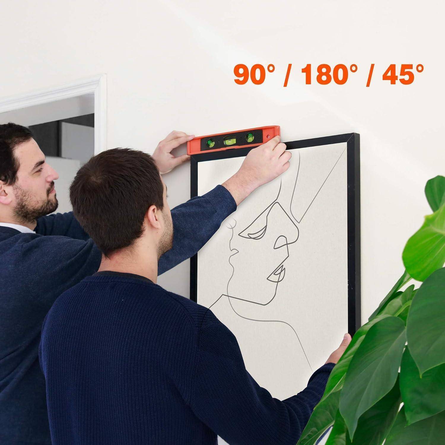 Zwei Personen verwenden eine Wasserwaage, um ein gerahmtes Bild an der Wand auszurichten. Die rote Wasserwaage zeigt '90° / 180° / 45°'. Eine grüne Pflanze ist im Vordergrund sichtbar.