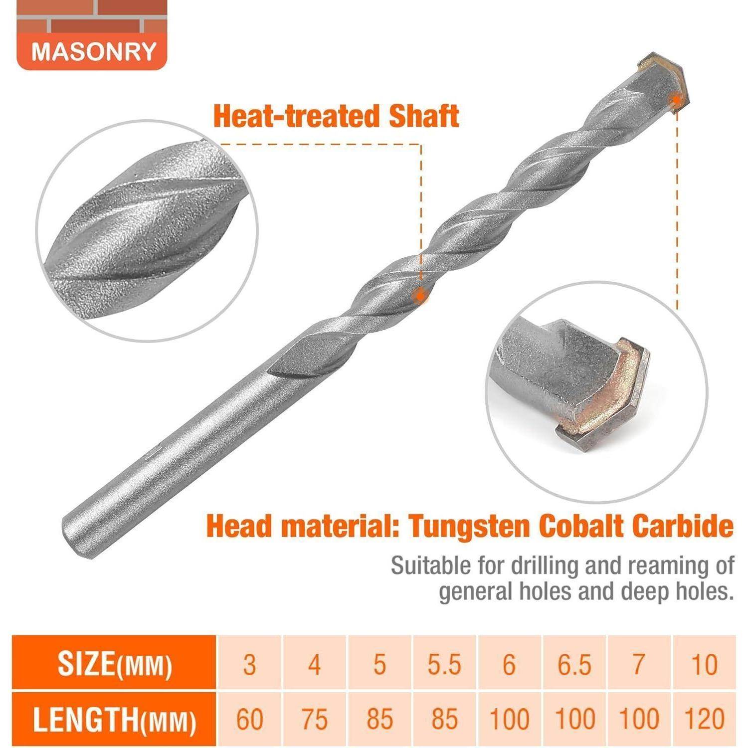 Das Bild zeigt einen Hartmetall-Bohrer aus Wolfram-Kobalt-Karbid für Mauerwerk, wobei der wärmebehandelte Schaft hervorgehoben wird. Eine Tabelle zeigt Größen von 6 mm bis 12 mm.